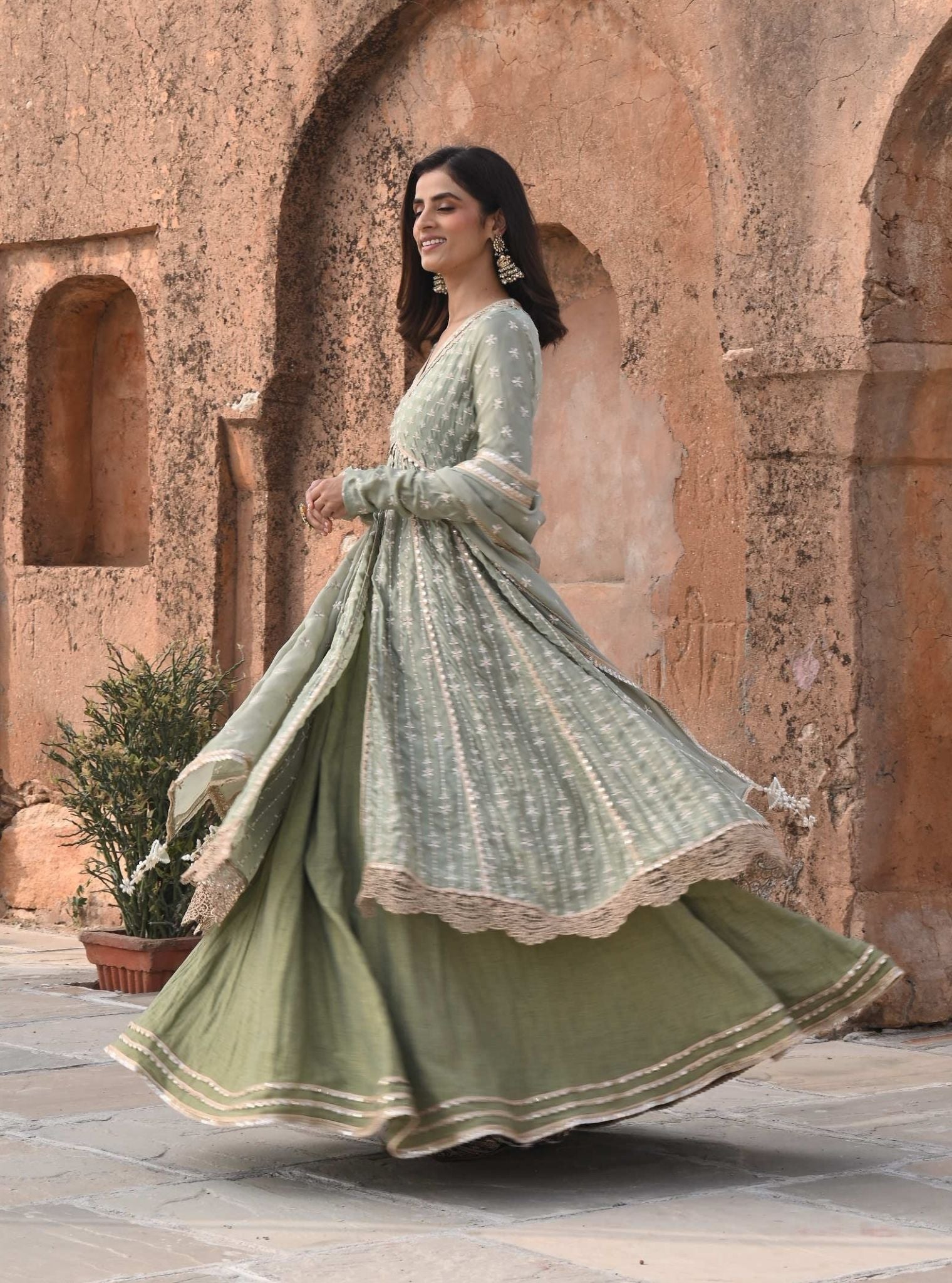 Mulmul Organza Satin Jhoom Sage Green Anarkali Kurta with Mulmul Luxe Tissue Satin Jhoom Sage Green Lehenga