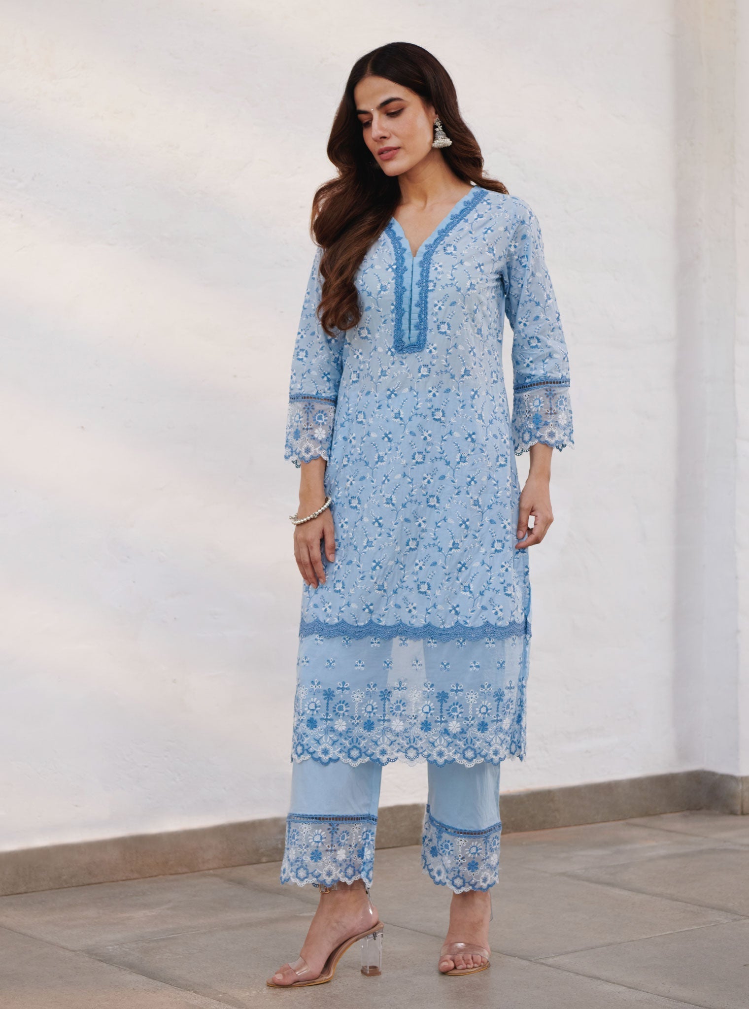 Mulmul Cotton Trent Blue Kurta With Trent Blue Pant