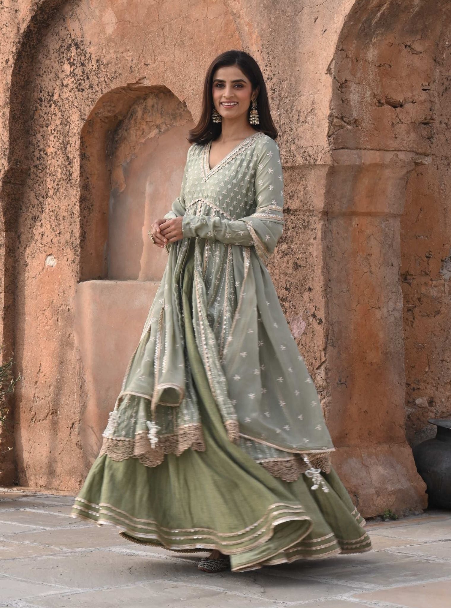 Mulmul Organza Satin Jhoom Sage Green Anarkali Kurta with Mulmul Luxe Tissue Satin Jhoom Sage Green Lehenga