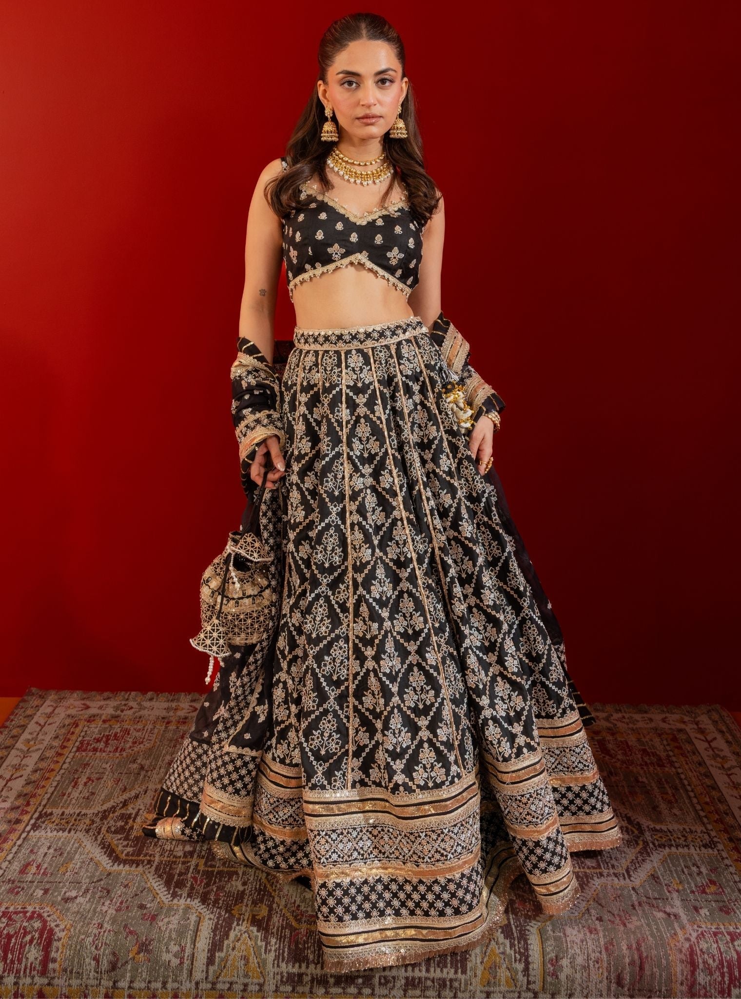 Mulmul Bemberg Silk Anton Black Lehenga