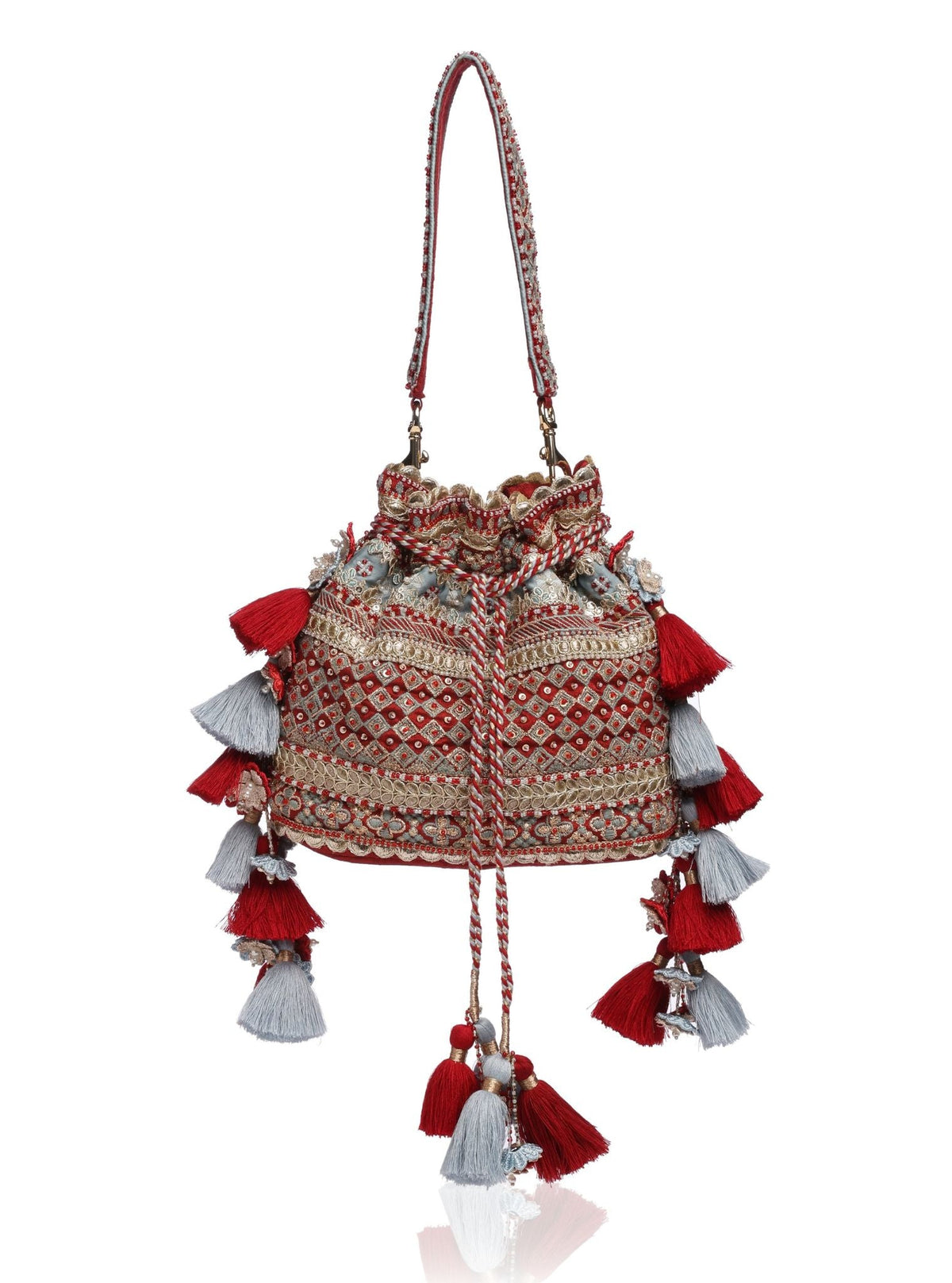 Shade of Sky Red & Blue Tassel Potli Bag