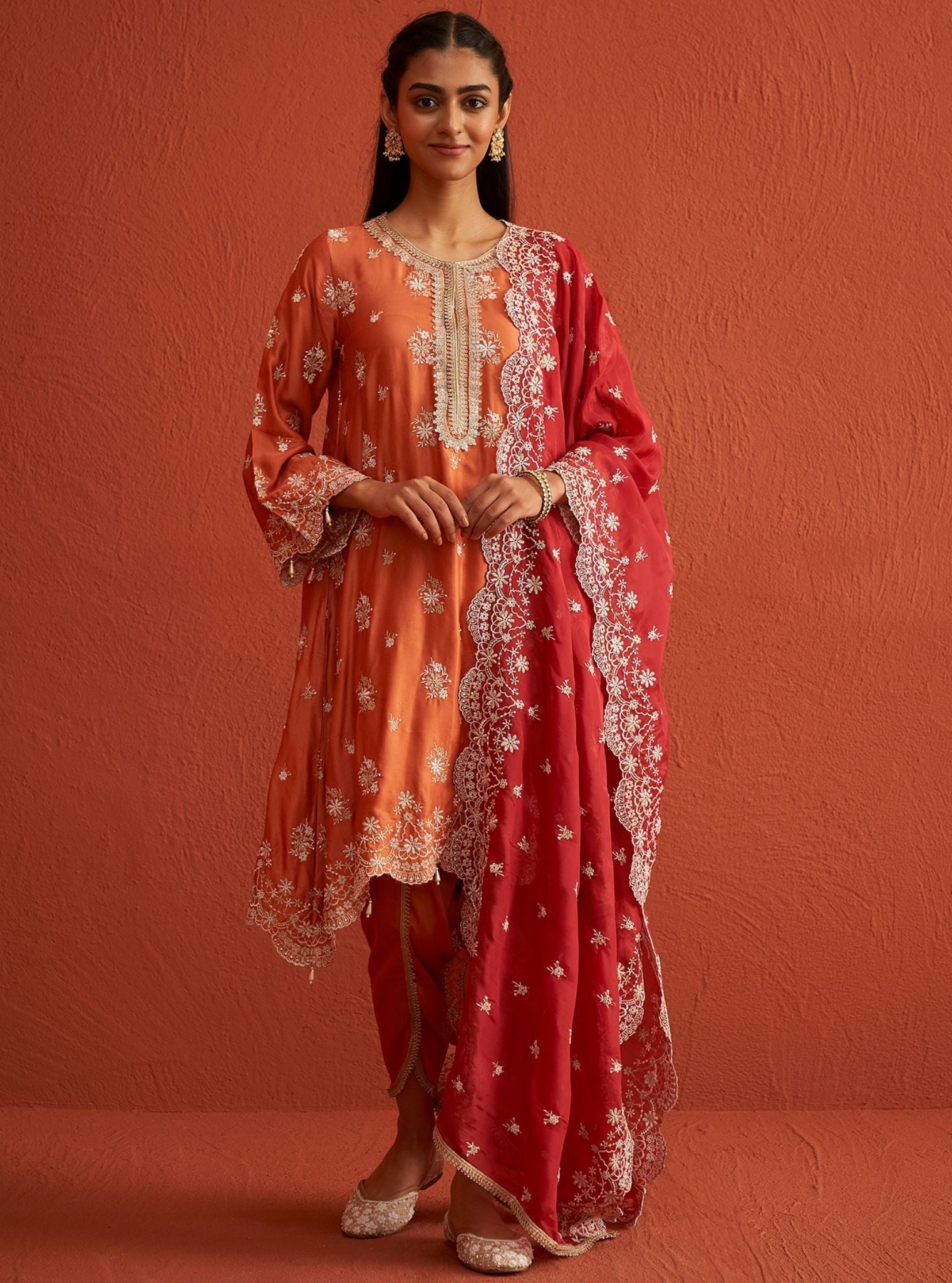 Mulmul Bemberg Satin Kangna Burnt Orange Kurta With Mulmul Bemberg Satin Kangna Burnt Orange Pant