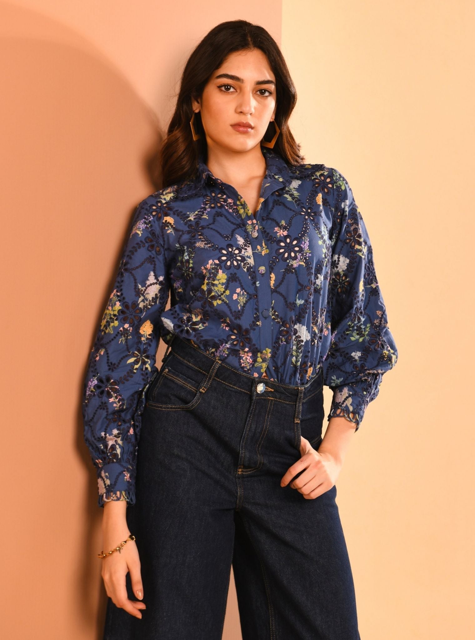 Mulmul Iconic Cotton Jem Printed Navy Shirt