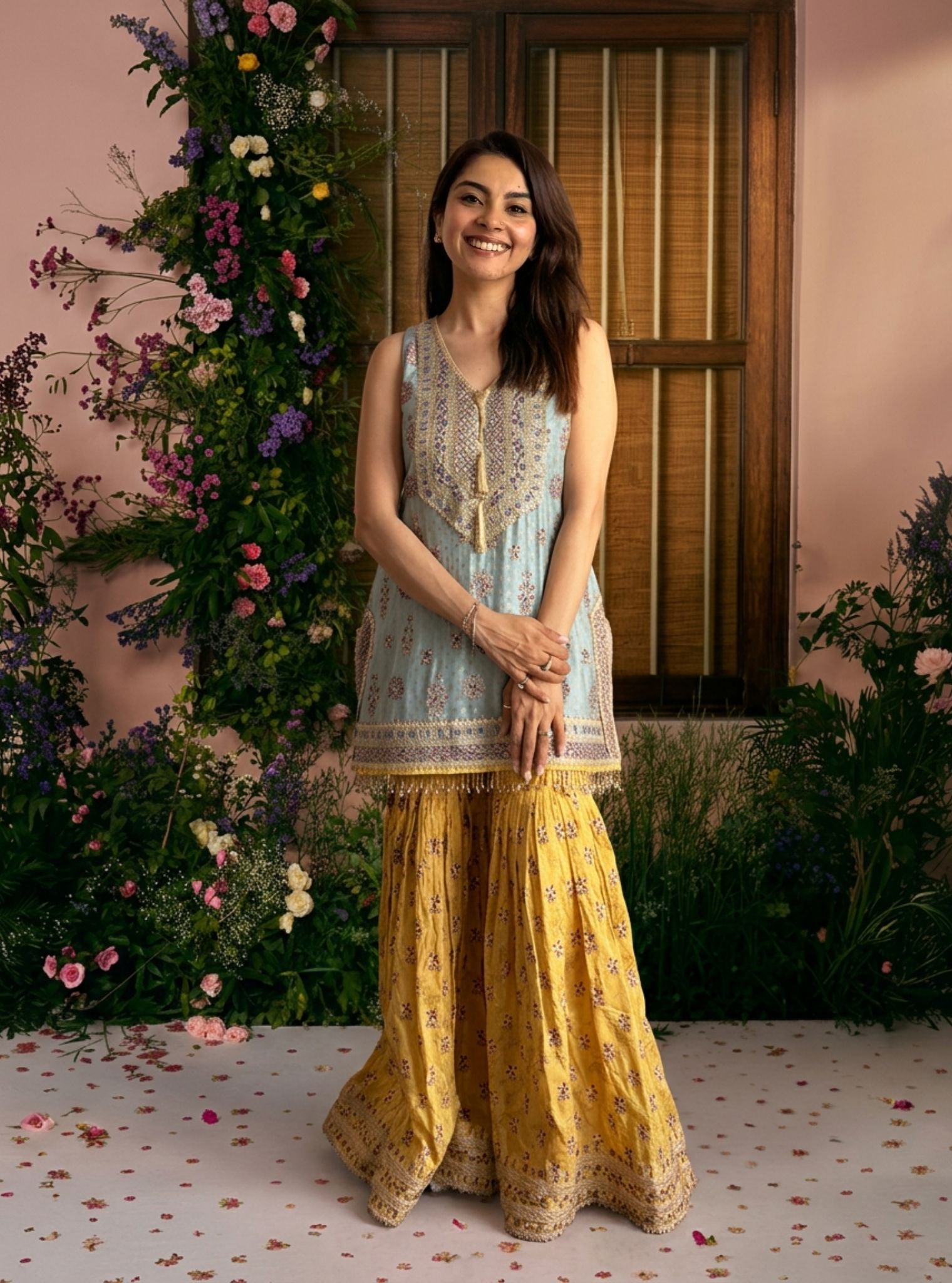 Dali Banarasi Blue Kurta with Mustard Garara