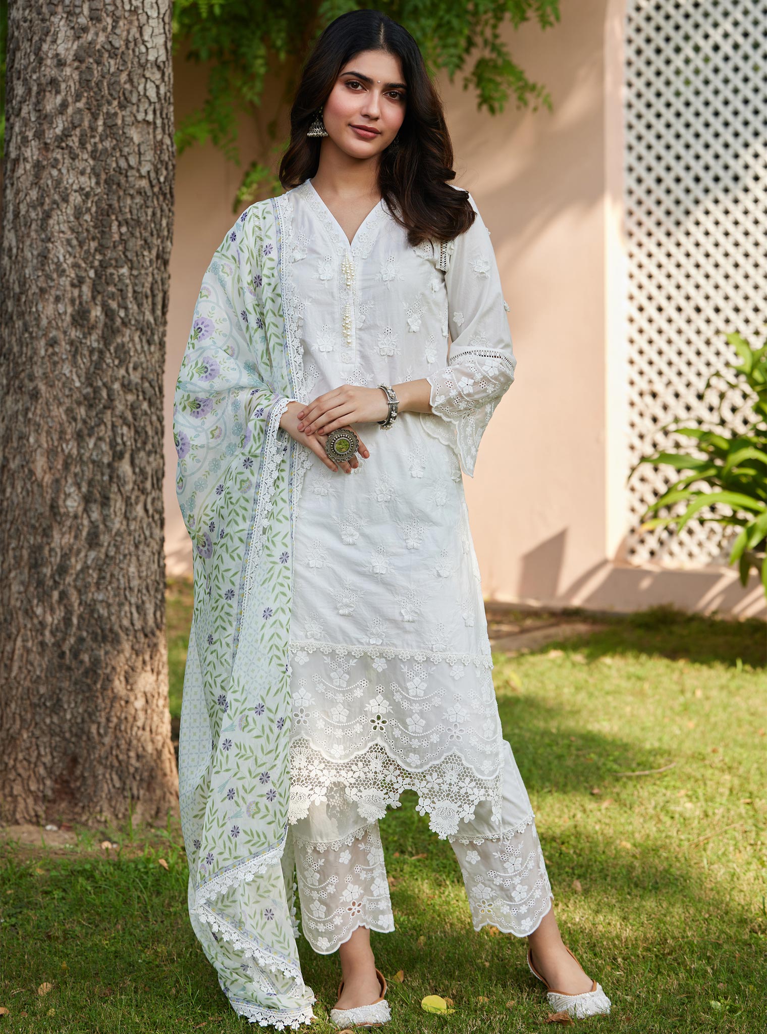 Mulmul Cotton Reeva Off White Kurta with Mulmul Cotton Reeva Off White Pant