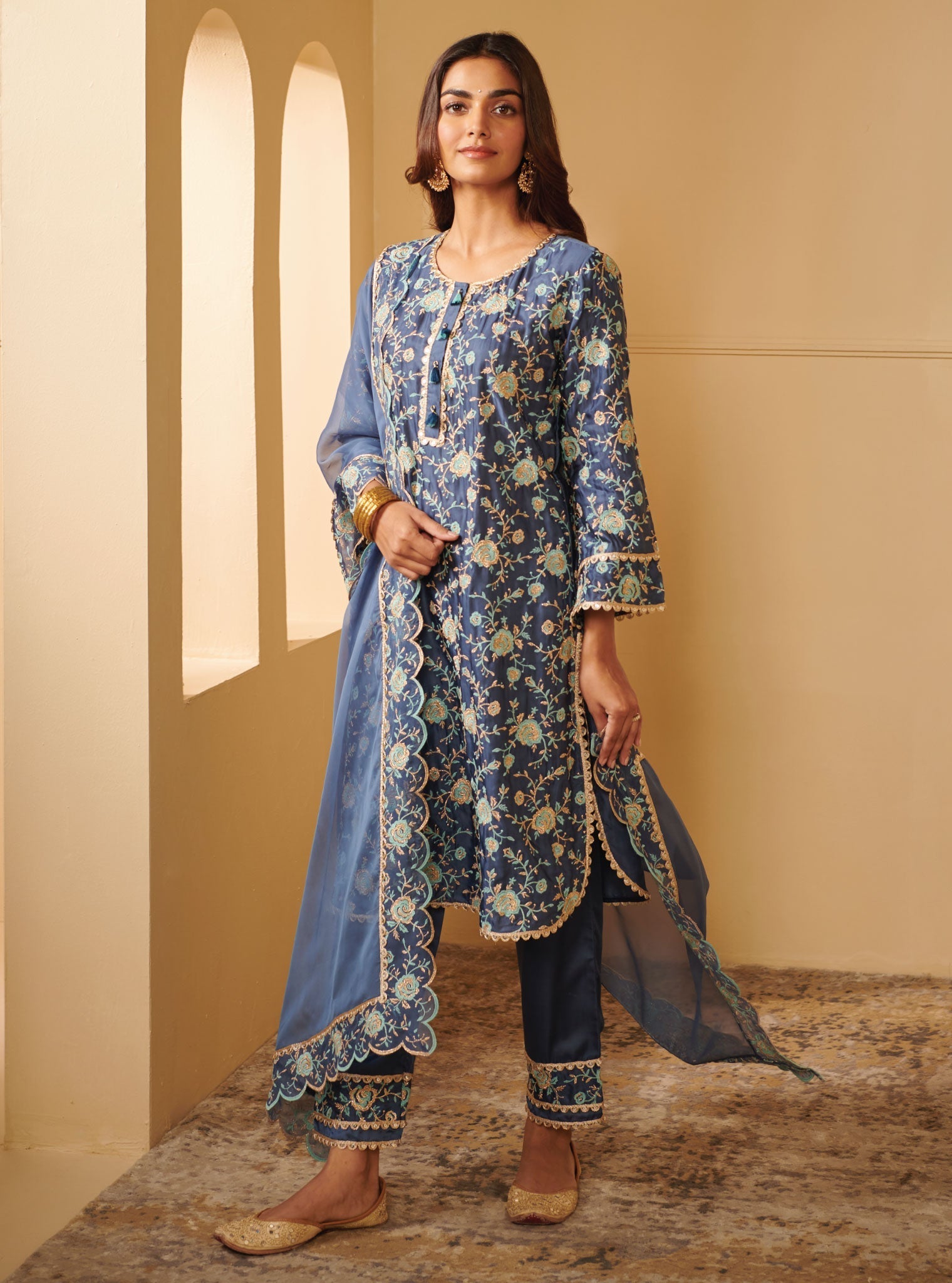 Mulmul Cupro Silk Apti Blue Kurta With Apti Blue Pant