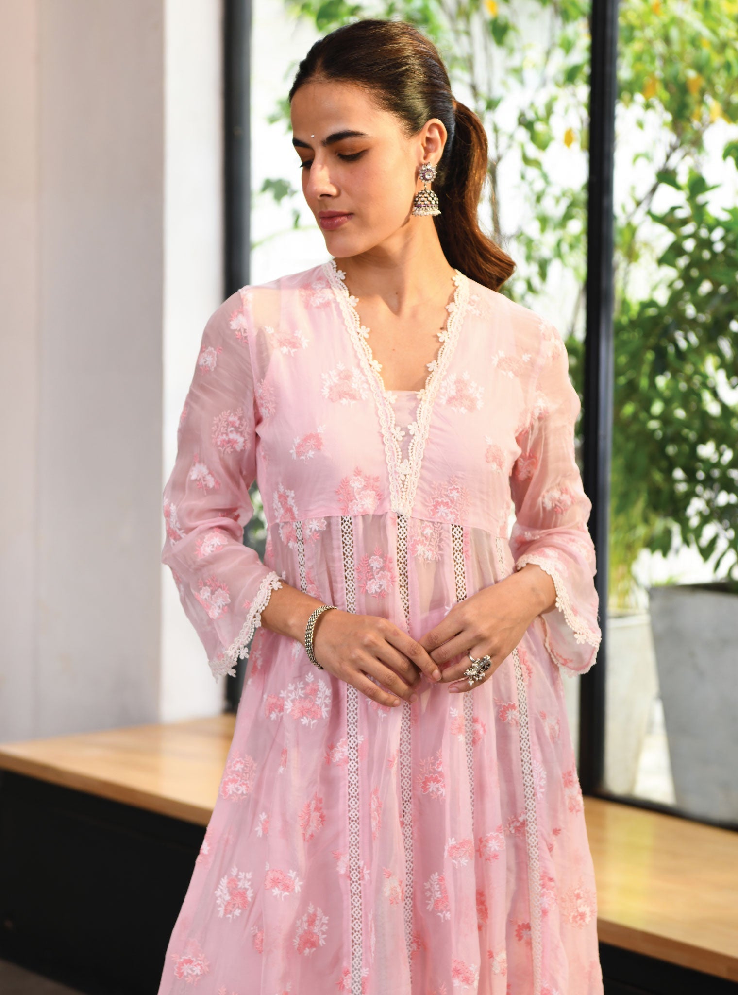 Mulmul Organza Stirling Pink Anarkali Kurta With Cotton Stirling Pink Pant