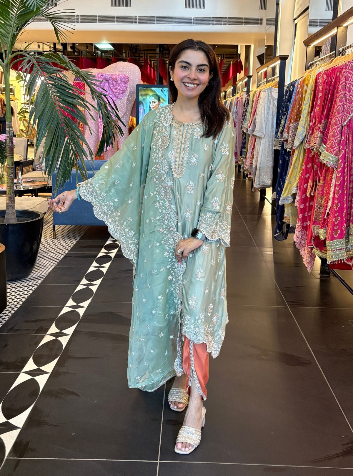 Kangna Cupro Satin Sage Green Kurta with Burnt Orange Pant