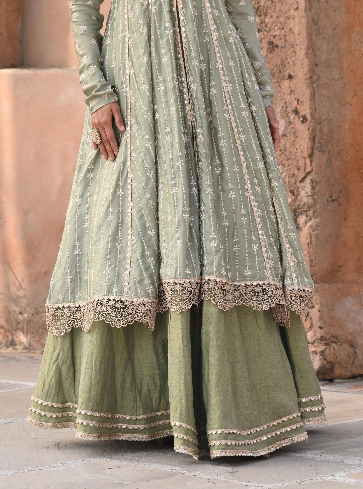Jhoom Organza Satin Anarkali Sage Green Kurta with Lehenga Set