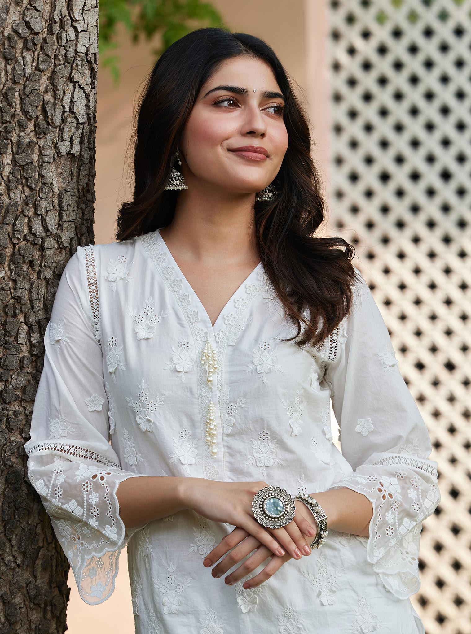 Mulmul Cotton Reeva Off White Kurta with Mulmul Cotton Reeva Off White Pant