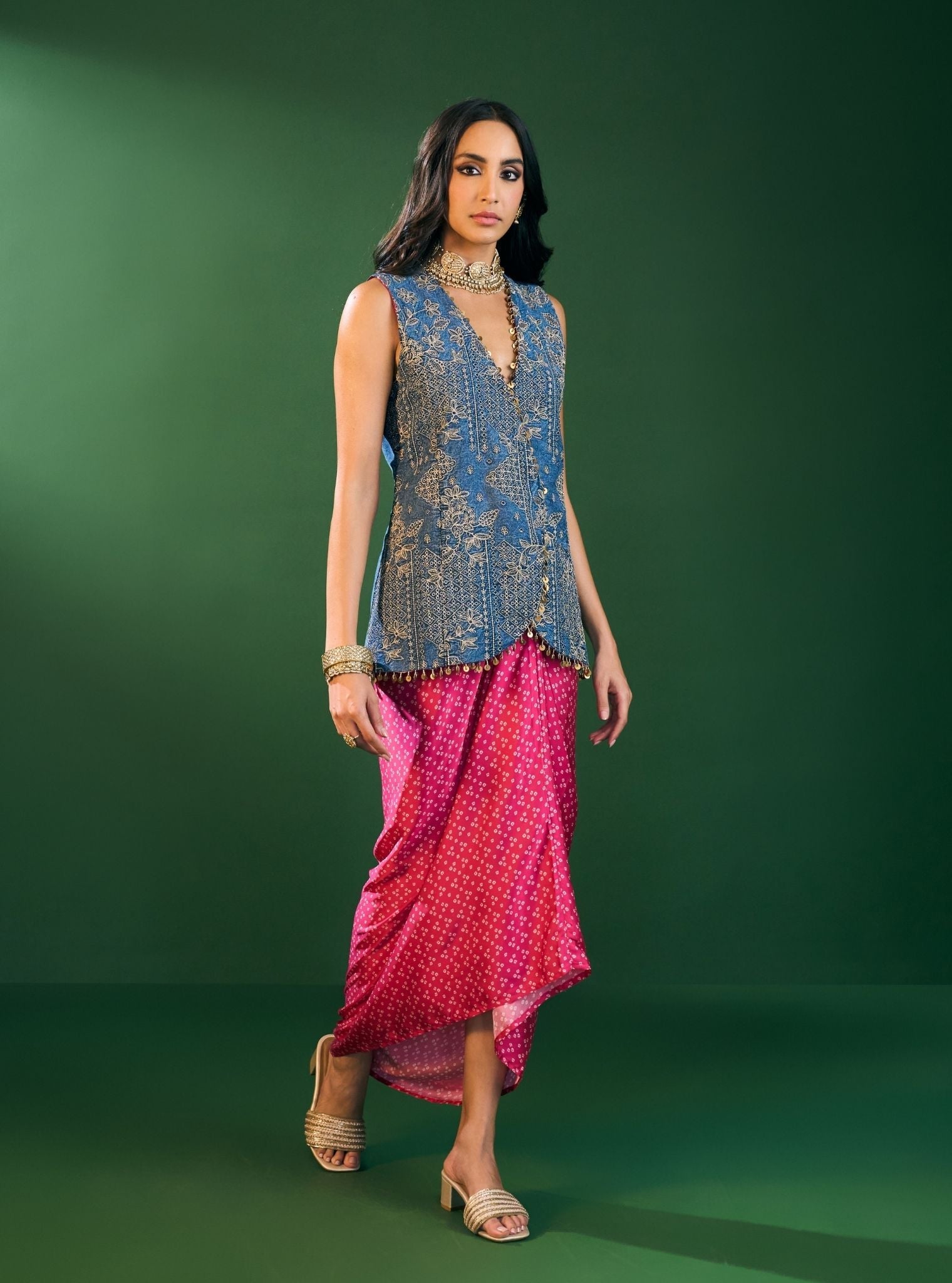 Lunira Denim Waistcoat With Cupro Satin Printed Fuschia Draped Skirt
