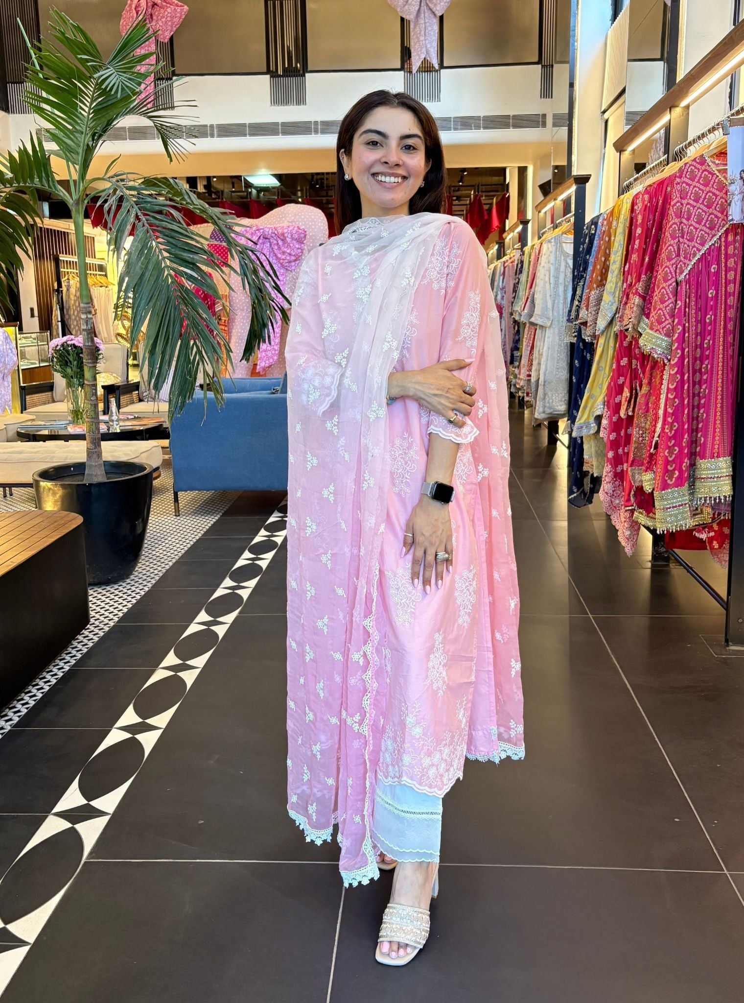 Perla Supima Cotton Light Pink Kurta With Saanjh White Pant