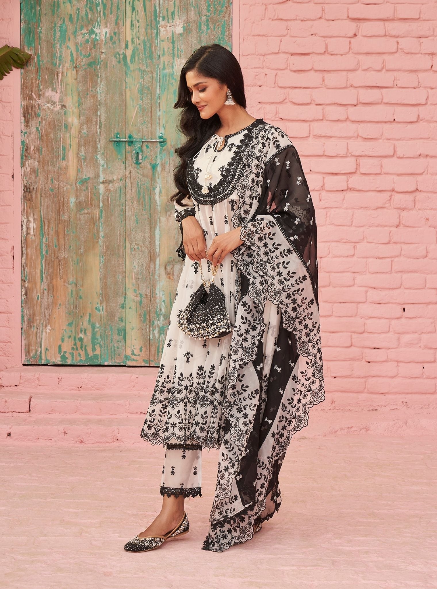 Mulmul Organza Sybil Off White Anarkali Kurta With Mulmul Cotton Sybil Off White Pant