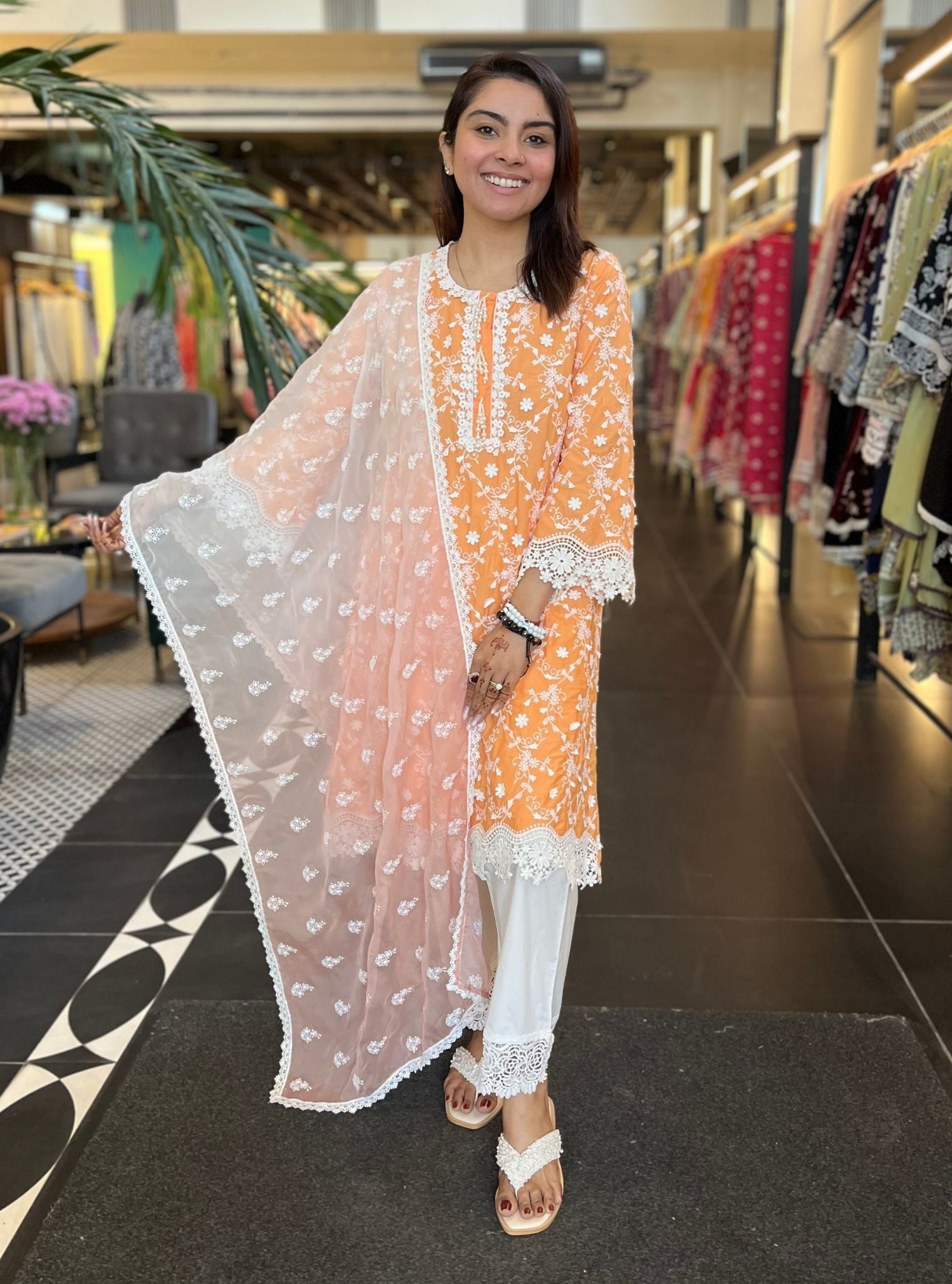 Mulmul Cotton BayBreeze Orange Kurta With Mulmul Cotton Floral Lace White Pant