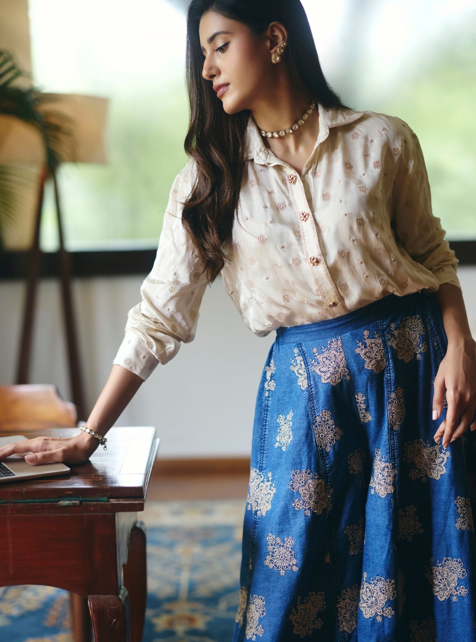 Mireya Cupro Satin Denim Sharara Set