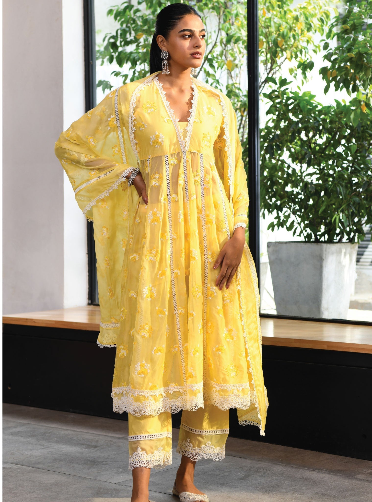 Mulmul Organza Stirling Yellow Anarkali Kurta With Cotton Stirling Yellow Pant