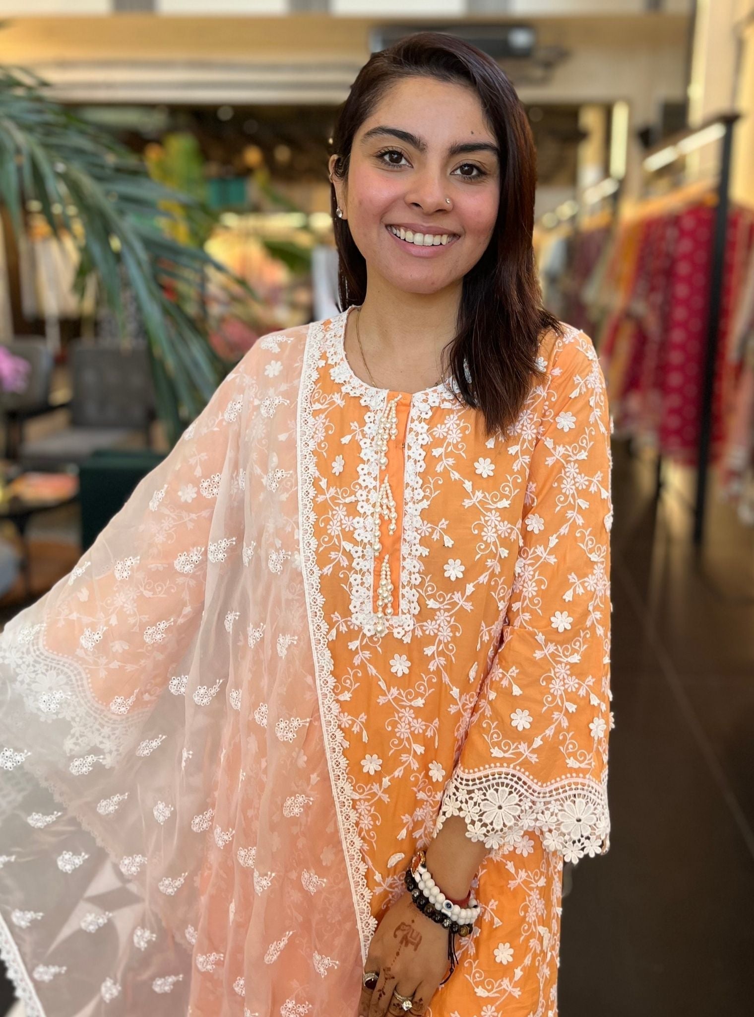 Mulmul Cotton BayBreeze Orange Kurta With Mulmul Cotton Floral Lace White Pant