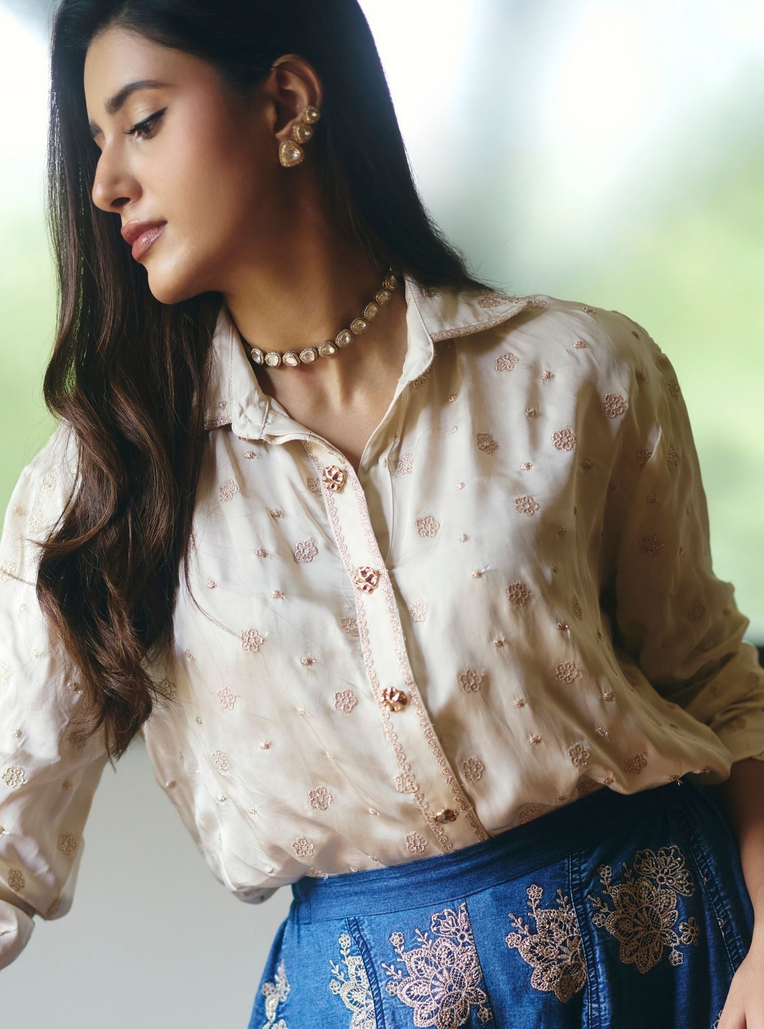 Mireya Cupro Satin Denim Sharara Set