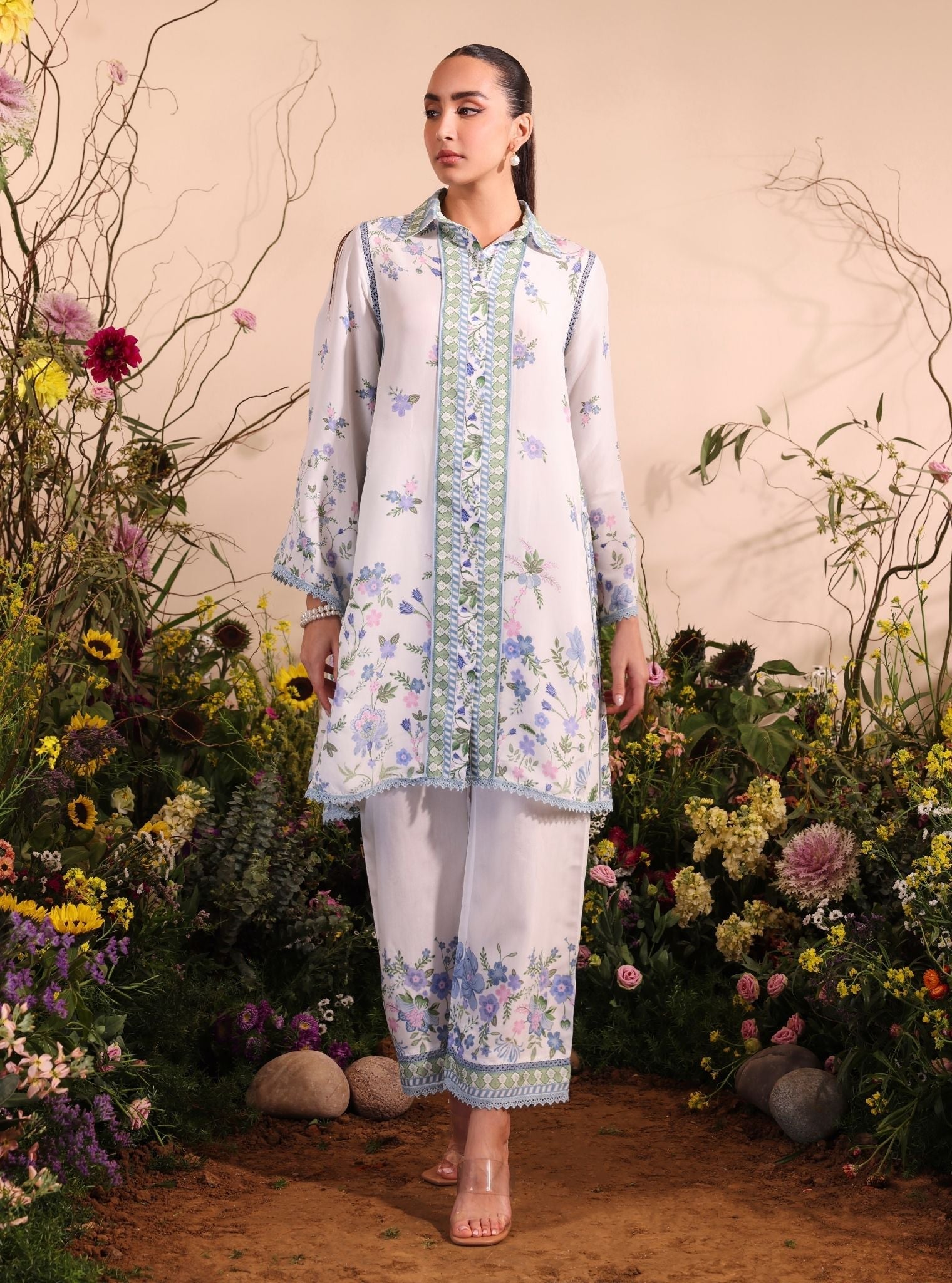 Mulmul Lawn Printed Niamh White Shirt With Mulmul Lawn Printed Niamh White Pant