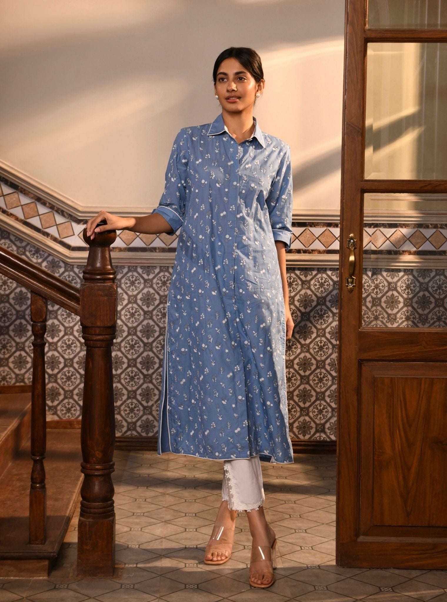 Mulmul Cotton Mahin Denim Kurta With Mulmul Cotton High Side Slit White Pant