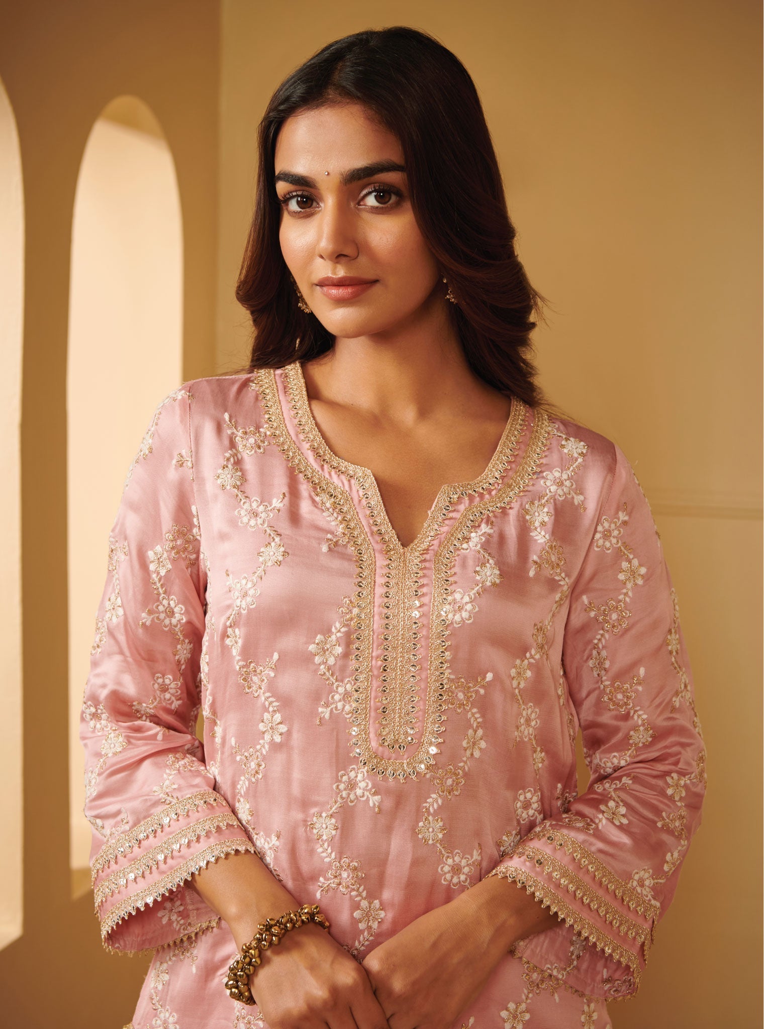 Mulmul Cupro Silk Avinya Pink Kurta With Avinya Pink Garara