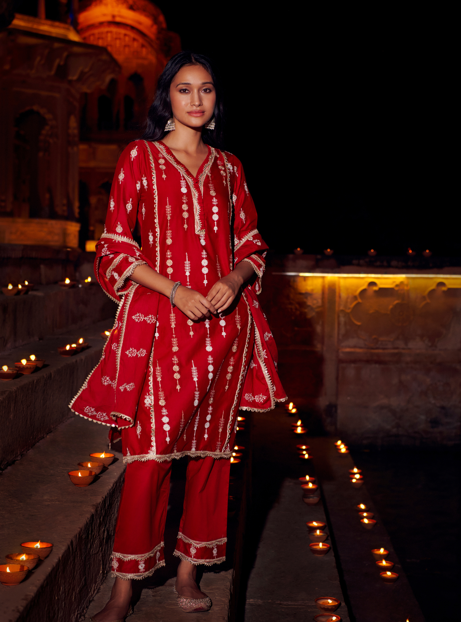 Mulmul Cotton Beki Red Kurta With Beki Red Pant