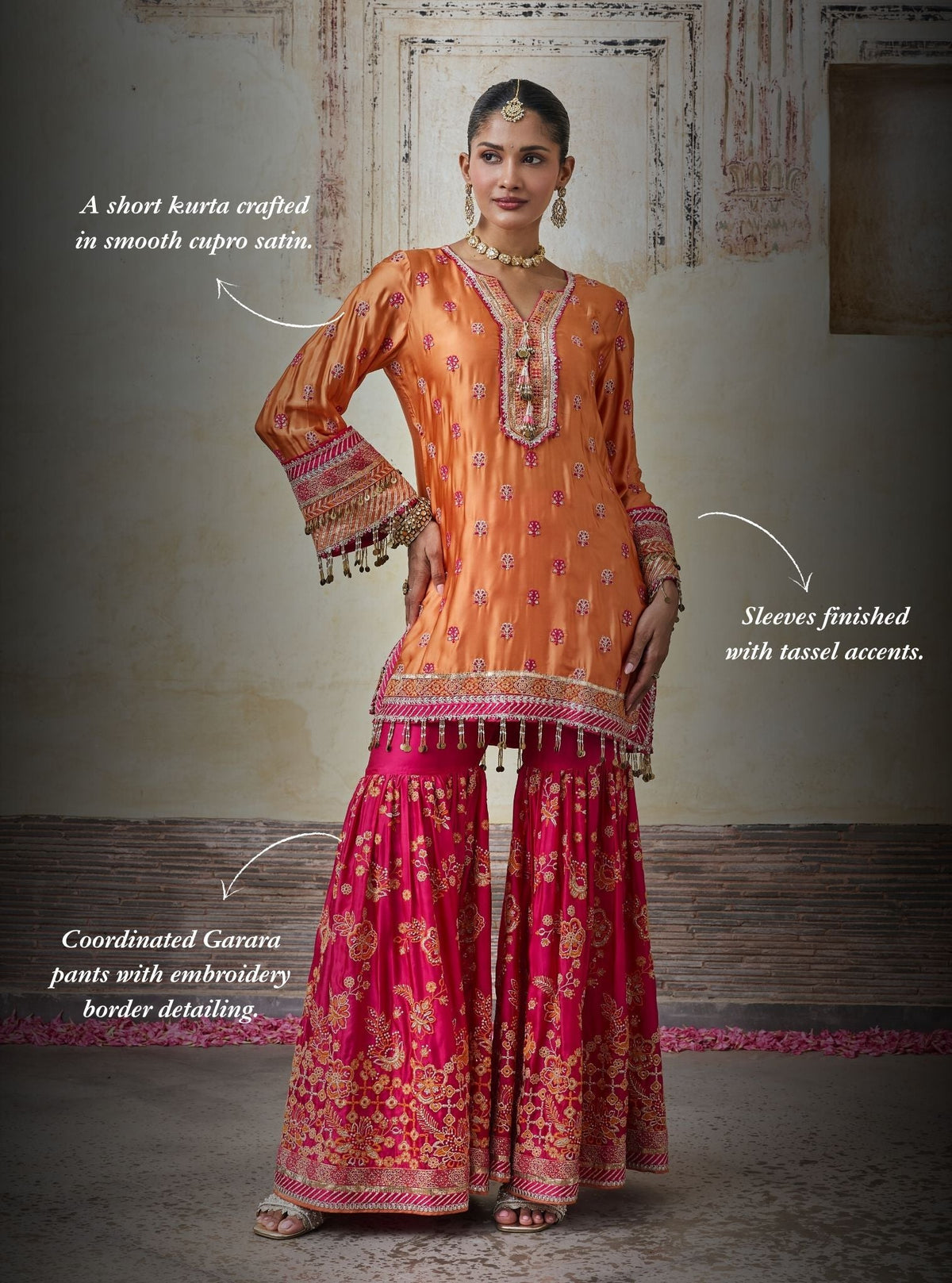 Surkhi Cupro Satin Orange Kurta with Garara