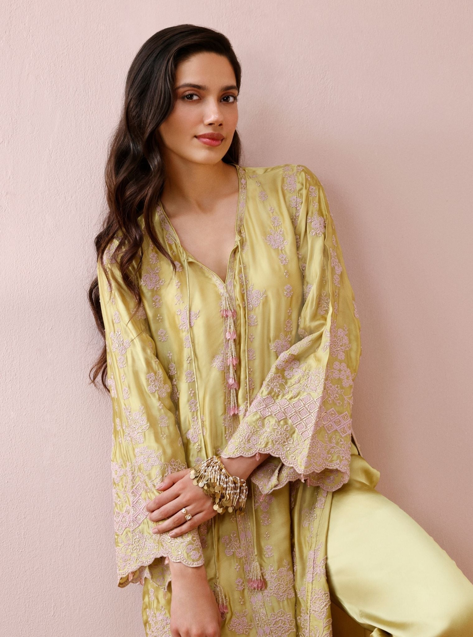 Arlette Cupro Satin Lime Long Kaftan Set
