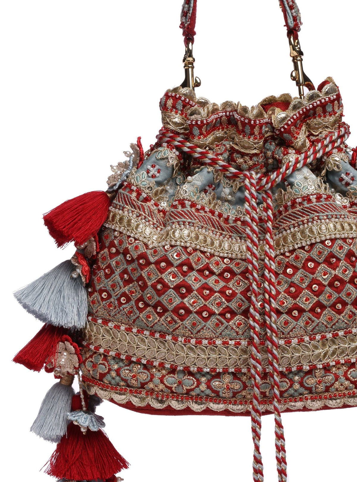 Shade of Sky Red & Blue Tassel Potli Bag