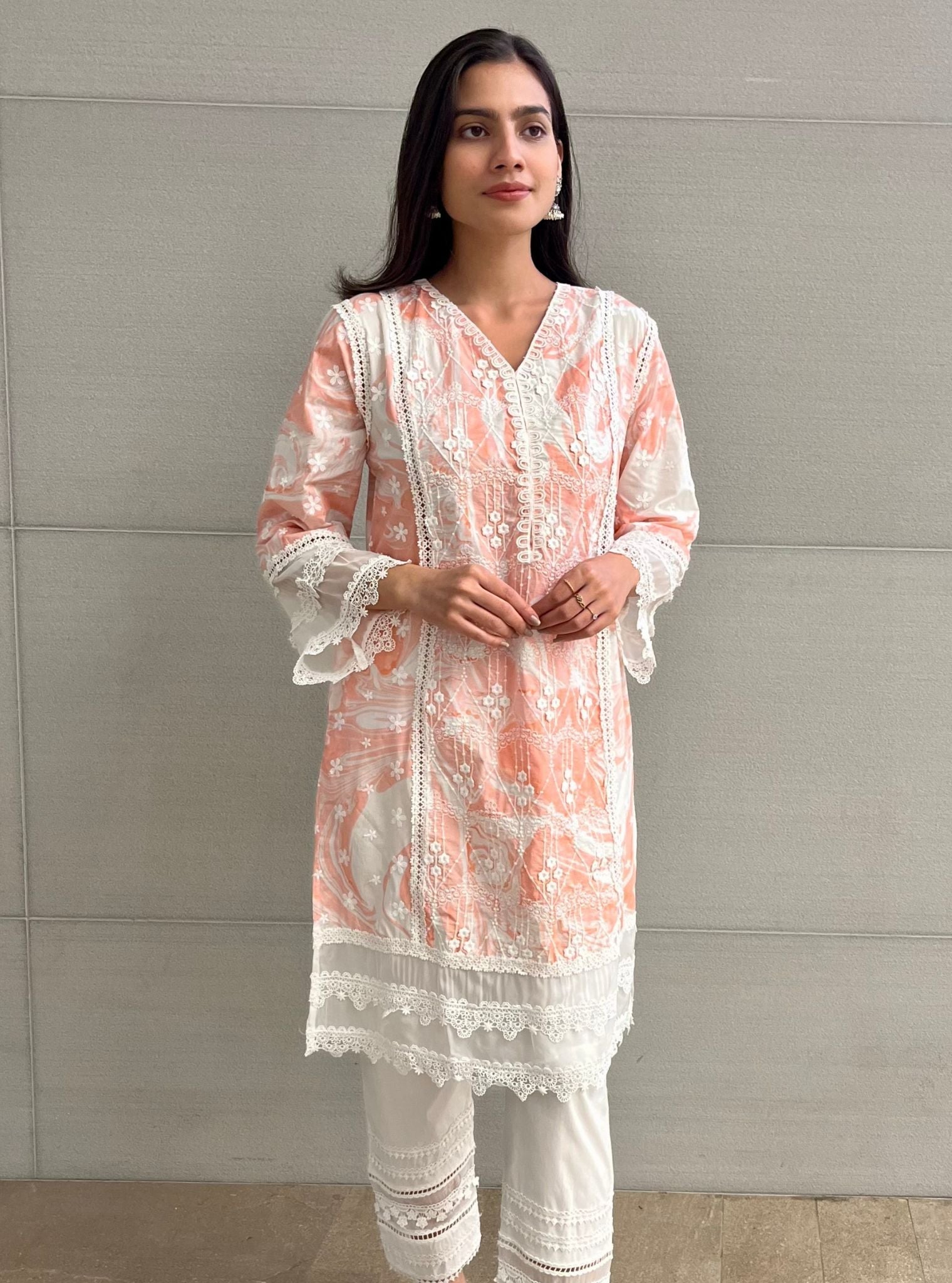 Mulmul Cotton Marble Delphi Pink kurta With Mulmul Cotton Multi Lace Slim White Pant