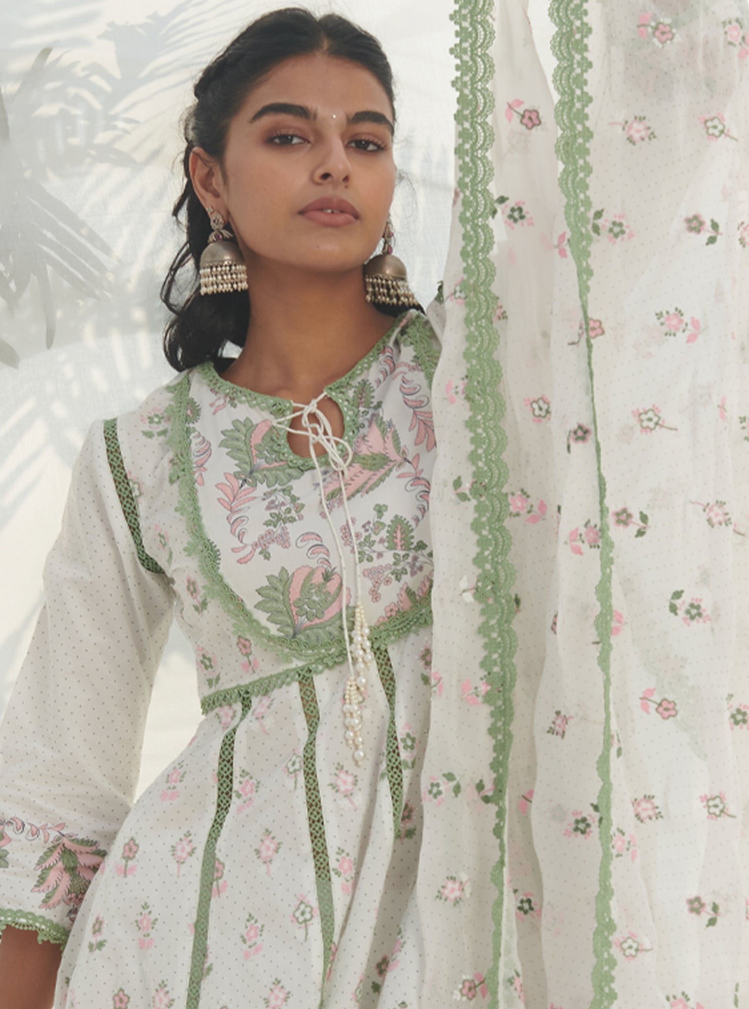 Mulmul Cotton Amaryllis Anarkali Green Kurta With Mulmul Cotton Amaryllis Green Pant