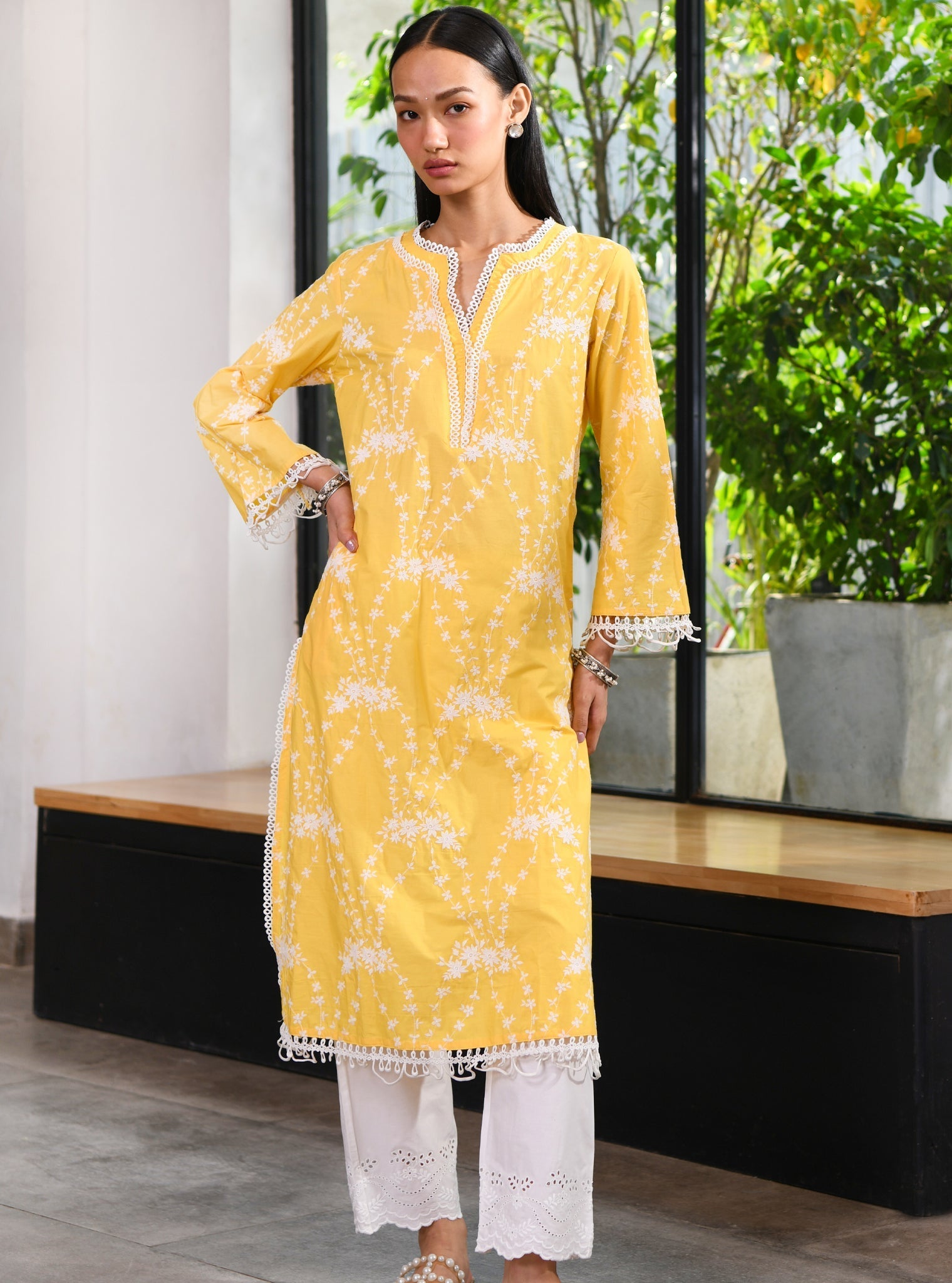 Mulmul Cotton Arki Yellow Kurta With Cotton Satari White Pant