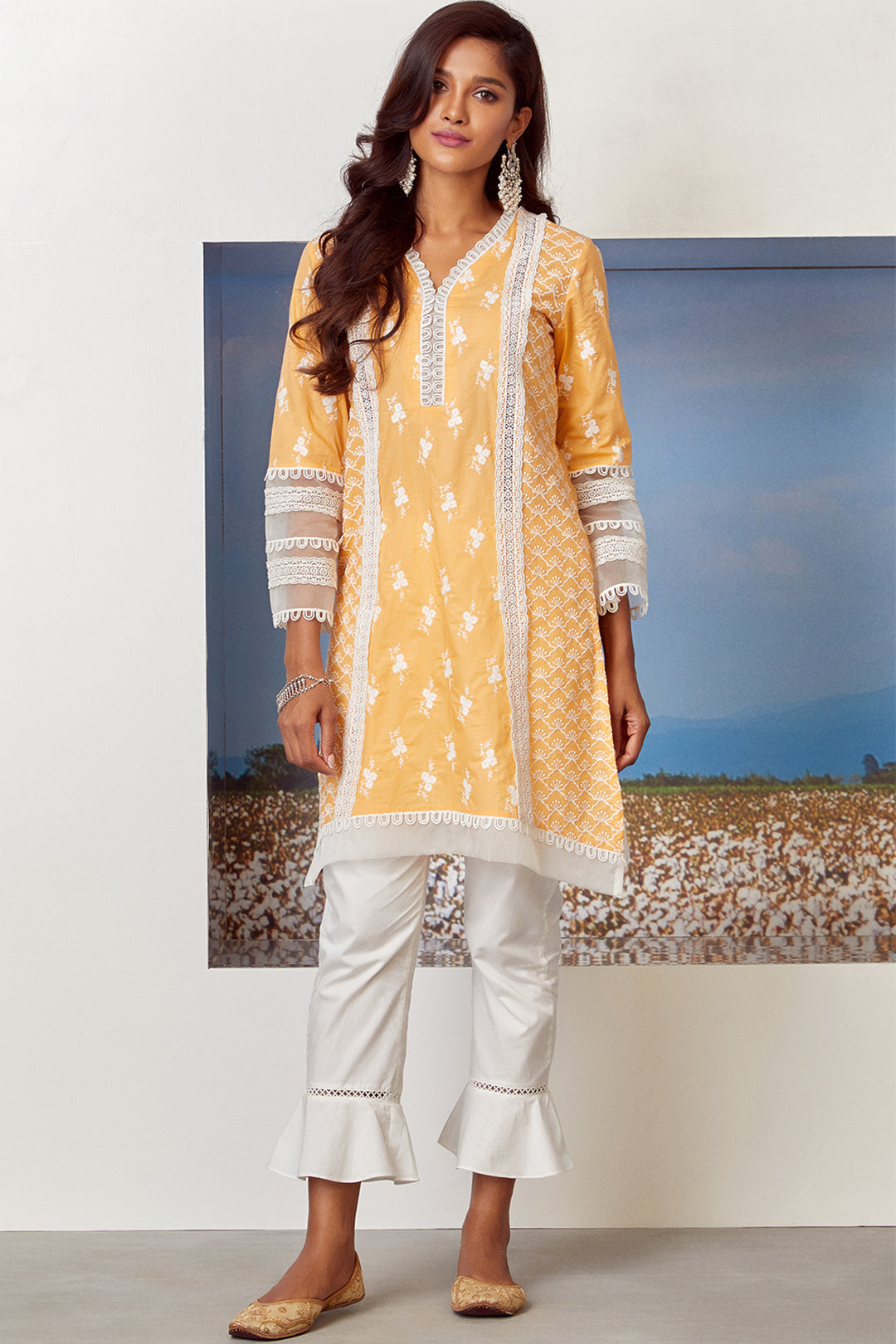 Mulmul Cotton Armada Orange Kurta With Umbrella Frill White Pyajama