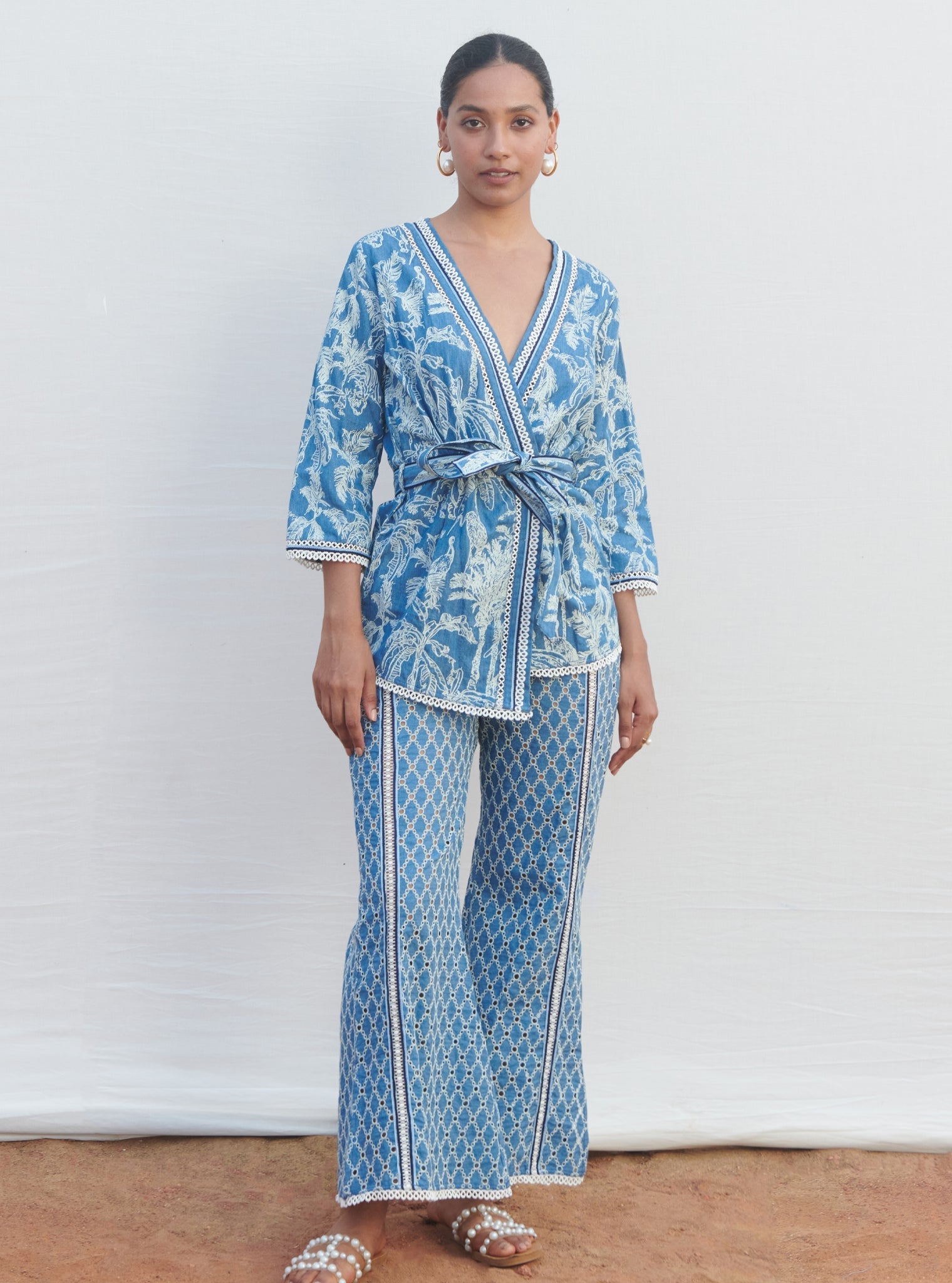 Mulmul Denim Attina Dark Blue Kaftan With Attina Dark Blue Pant