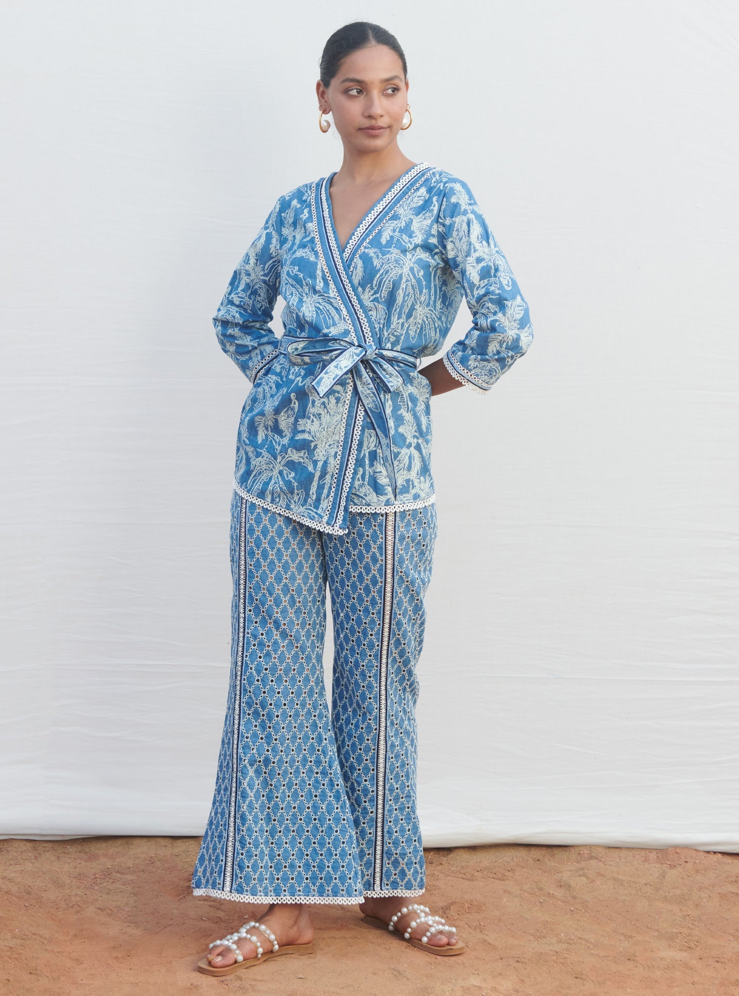 Mulmul Denim Attina Dark Blue Kaftan With Attina Dark Blue Pant