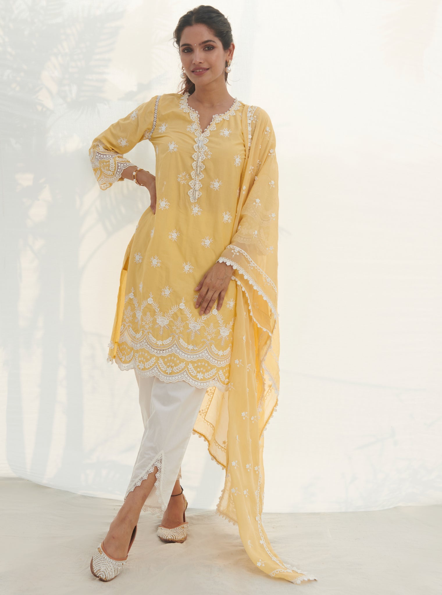 Mulmul Cotton Acoi Yellow Kurta With Mulmul Cotton Savri White Pant