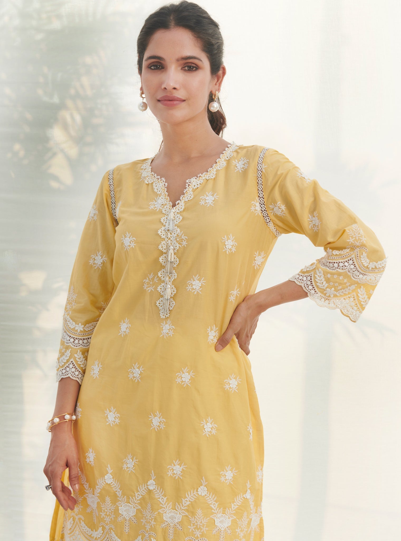 Mulmul Cotton Acoi Yellow Kurta With Mulmul Cotton Savri White Pant