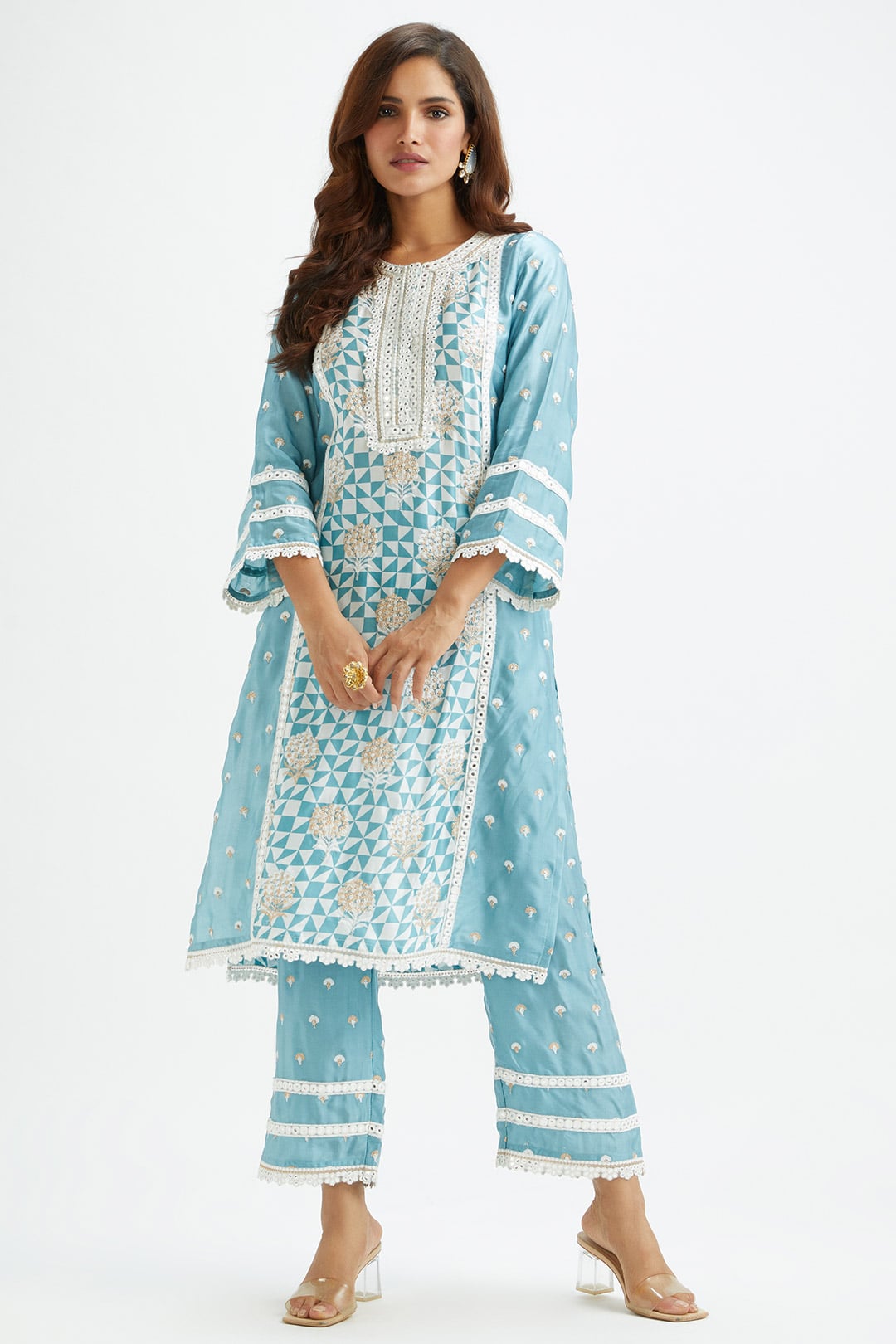 Mulmul Cupro silk Addle Teal Kurta With Addle Teal Pant