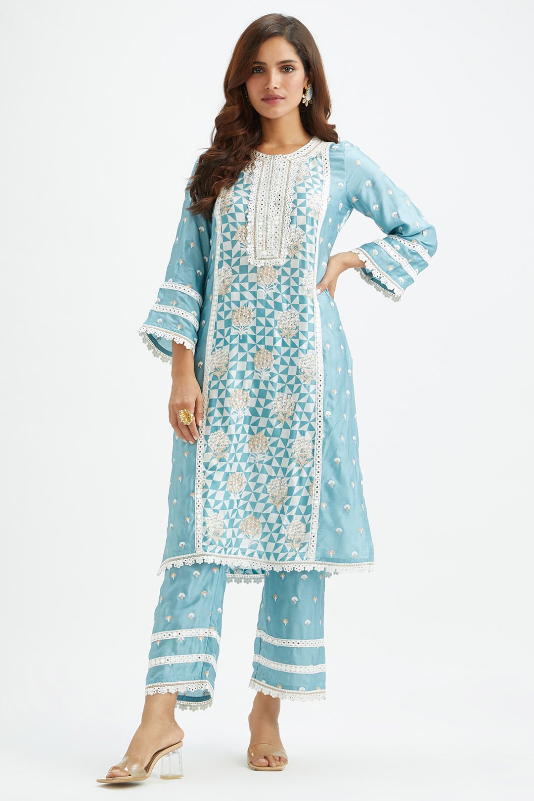 Mulmul Cupro silk Addle Teal Kurta With Addle Teal Pant