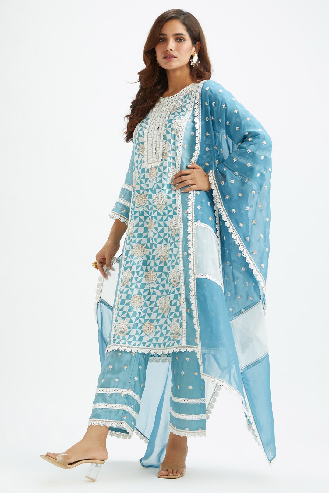 Mulmul Cupro silk Addle Teal Kurta With Addle Teal Pant