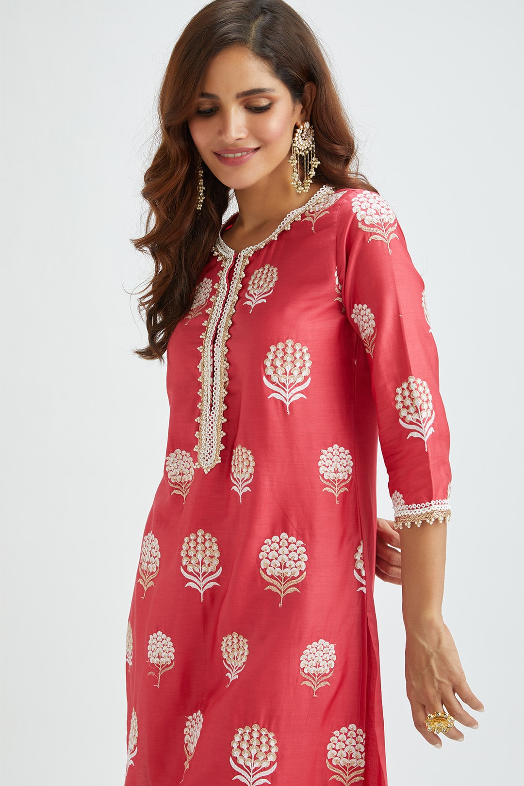 Mulmul Supima satin Amira Red Kurta With Amira Red Pant