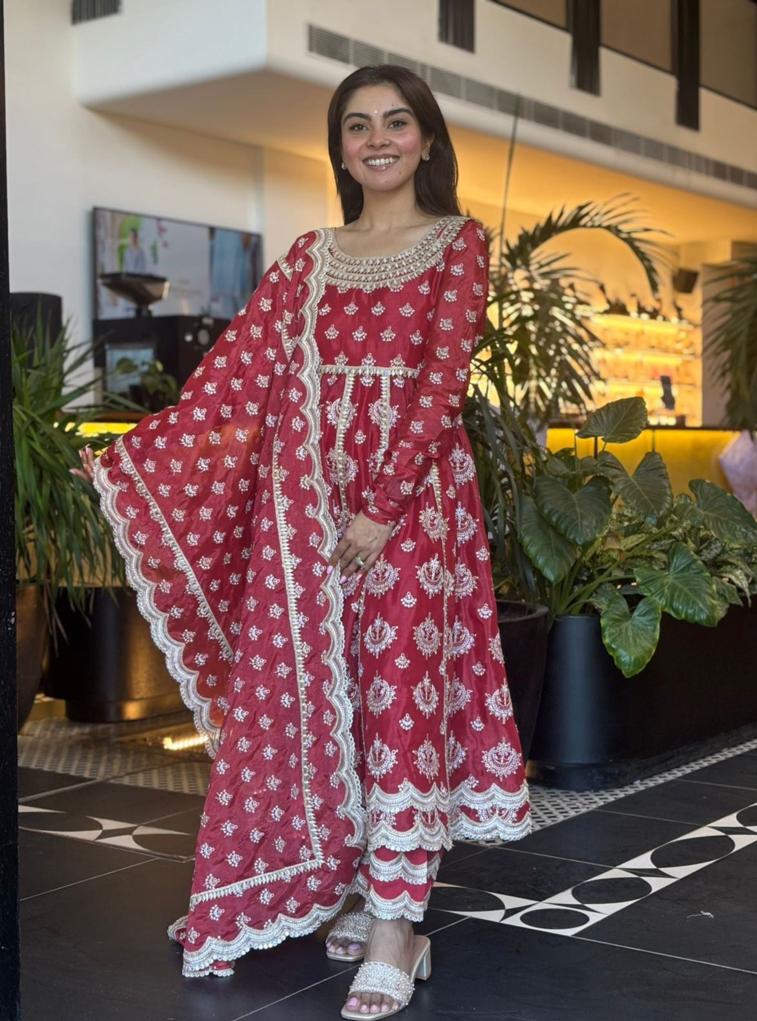 Sori Glass Organza Red Anarkali Kurta With Pima Satin Red Pant