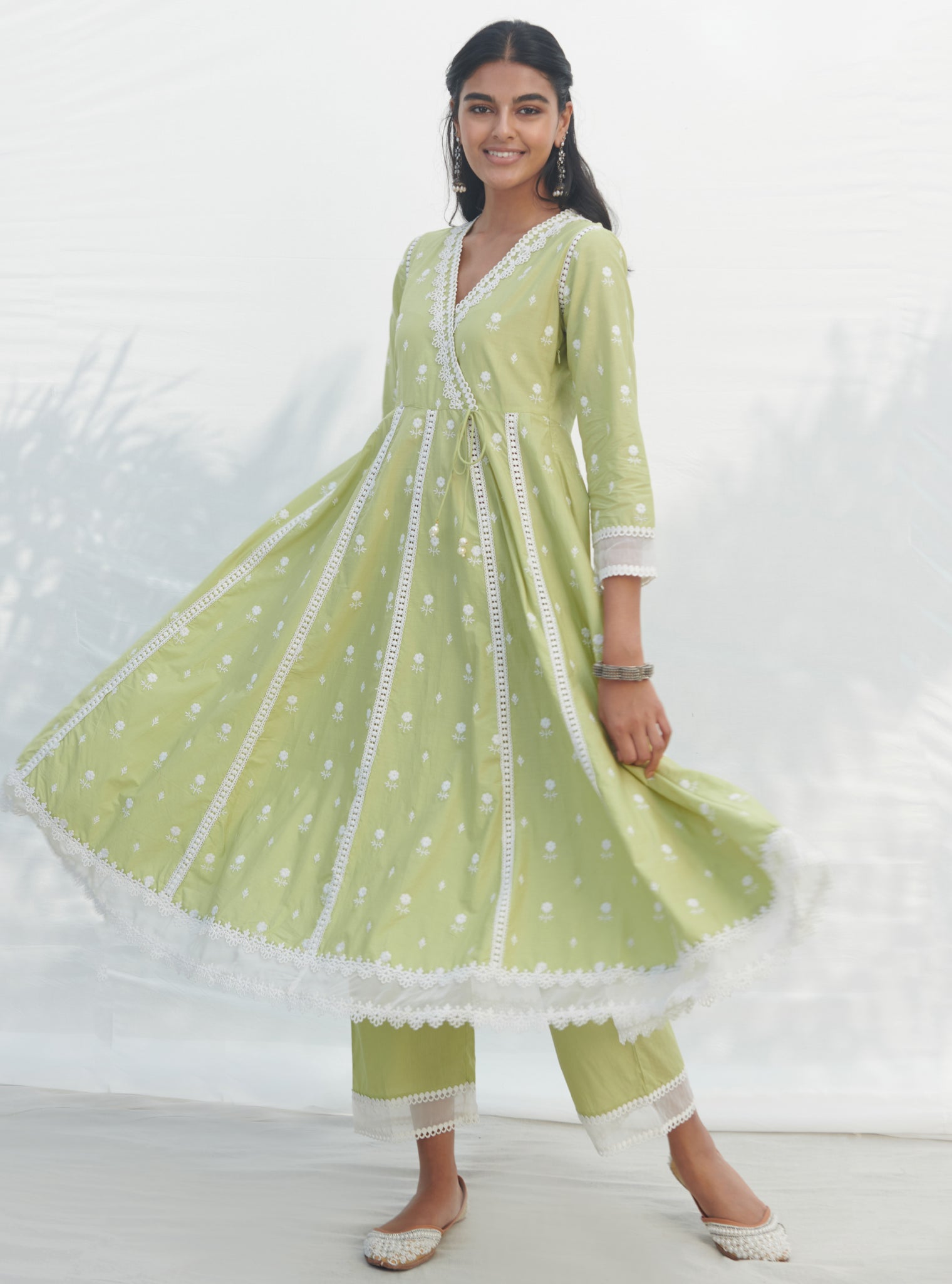 Mulmul Cotton Arambol Anarkali Lime Kurta With Mulmul Cotton Arambol Lime Pant