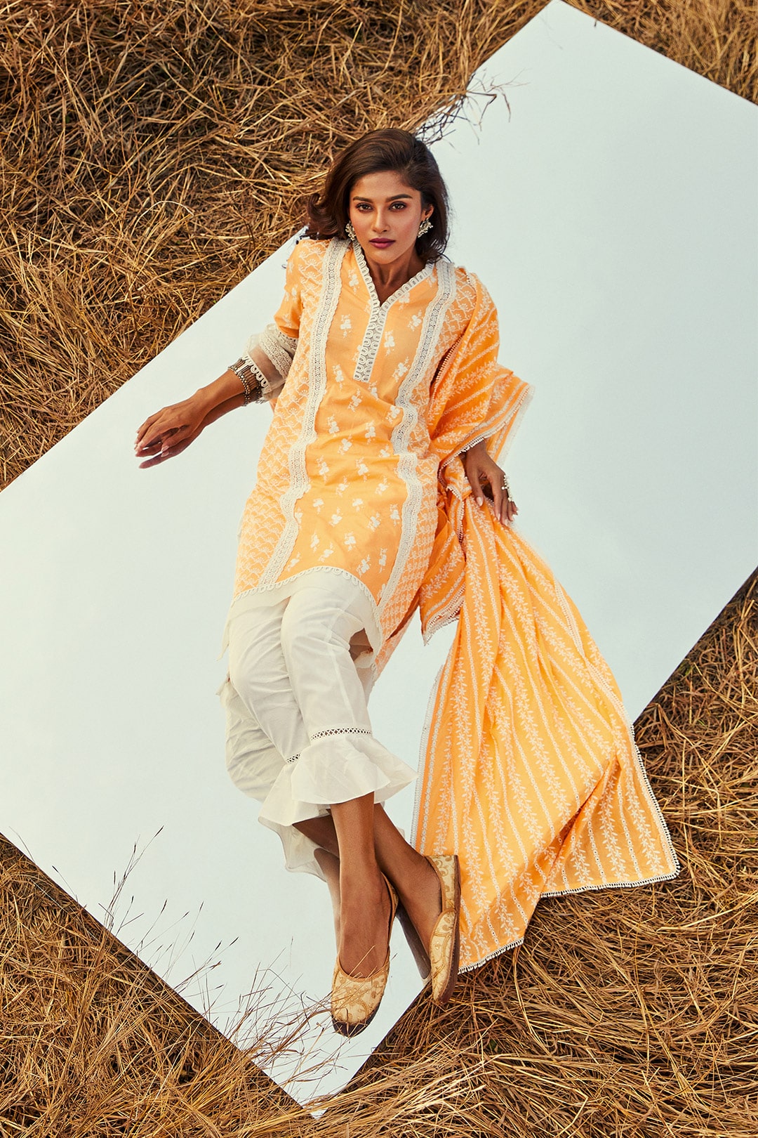 Mulmul Cotton Armada Orange Kurta With Umbrella Frill White Pyajama