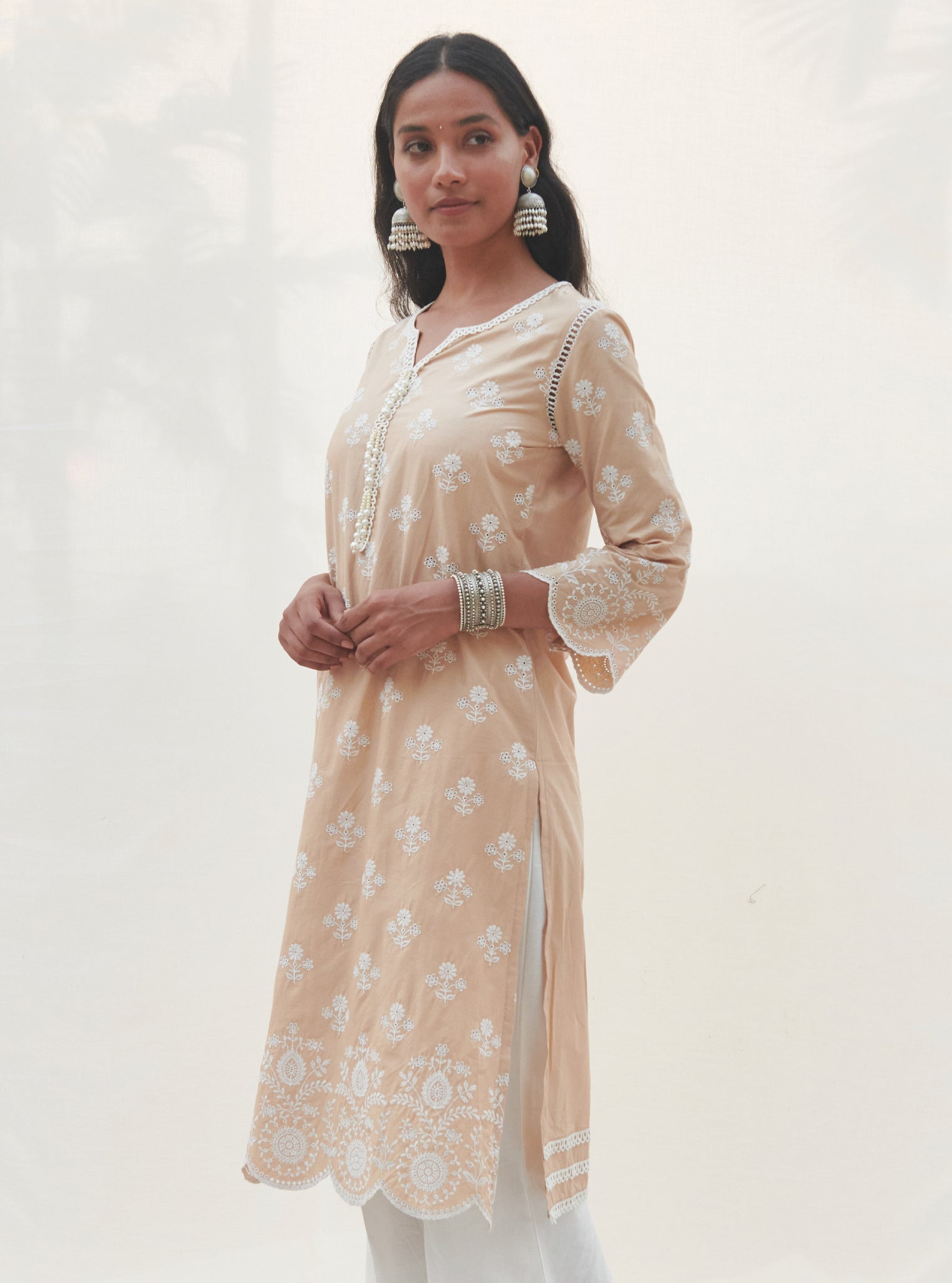 Mulmul Cotton Arpora Beige Kurta With Arpora White Pant