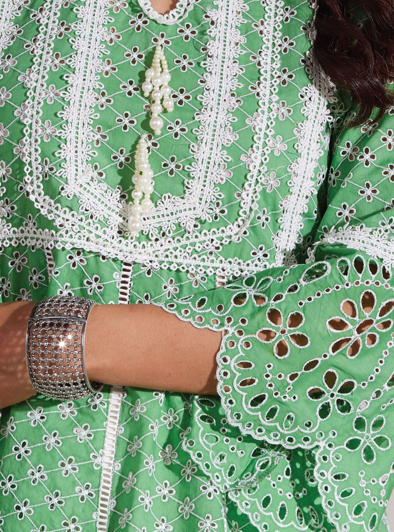 Mulmul Cotton Arris Green Anarkali  Kurta With Diagonal Pintuck White Pant