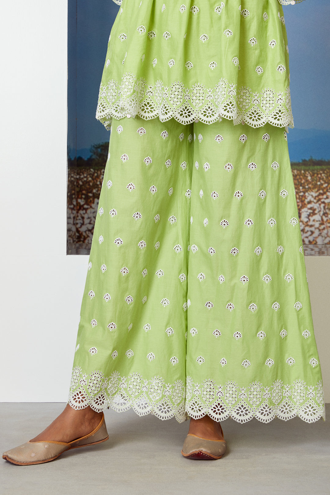 Mulmul Cotton Brazen Green Kurta With Brazen Green Sharara