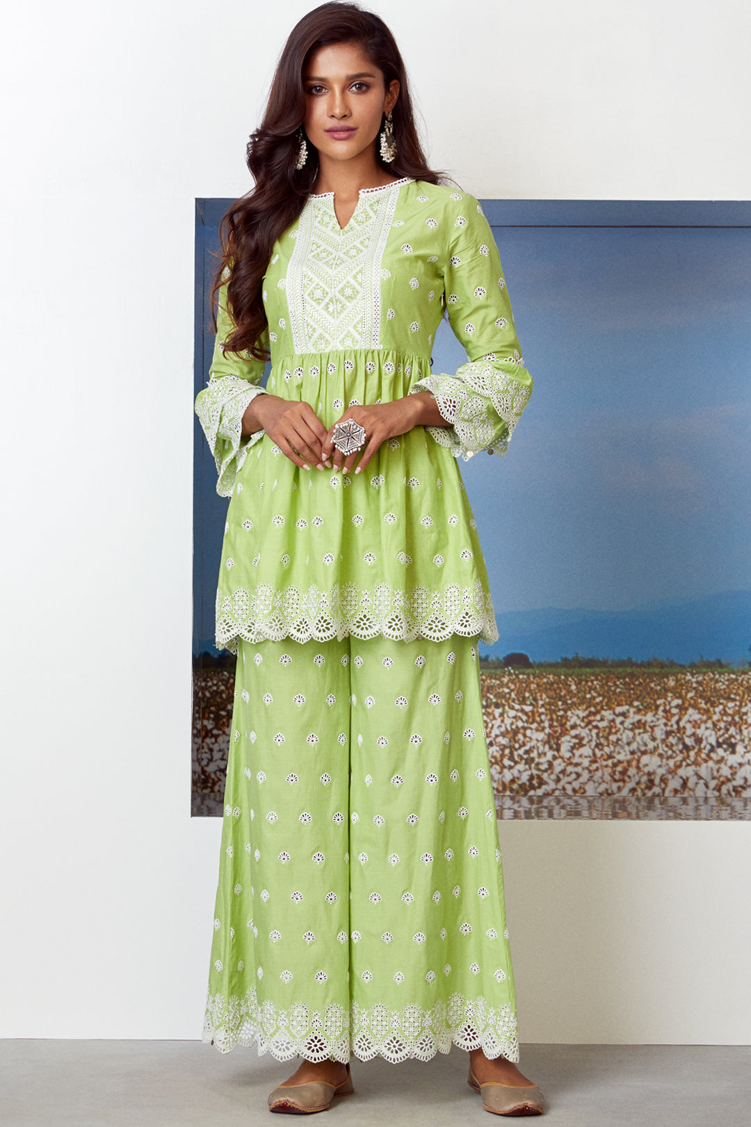 Mulmul Cotton Brazen Green Kurta With Brazen Green Sharara