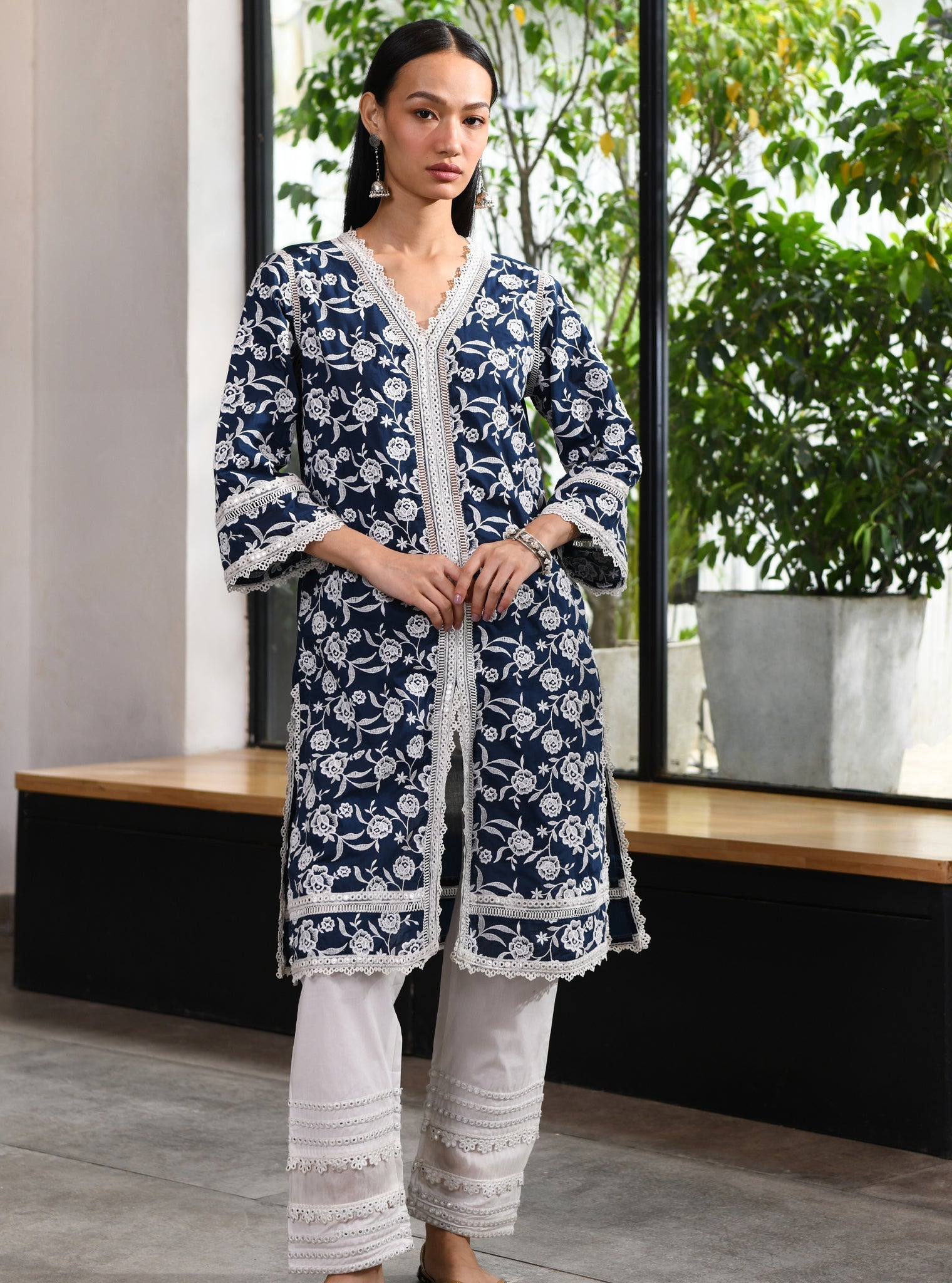 Mulmul Cotton Briallen Navy Kurta With Mulmul Cotton Mirror Gota White Pant