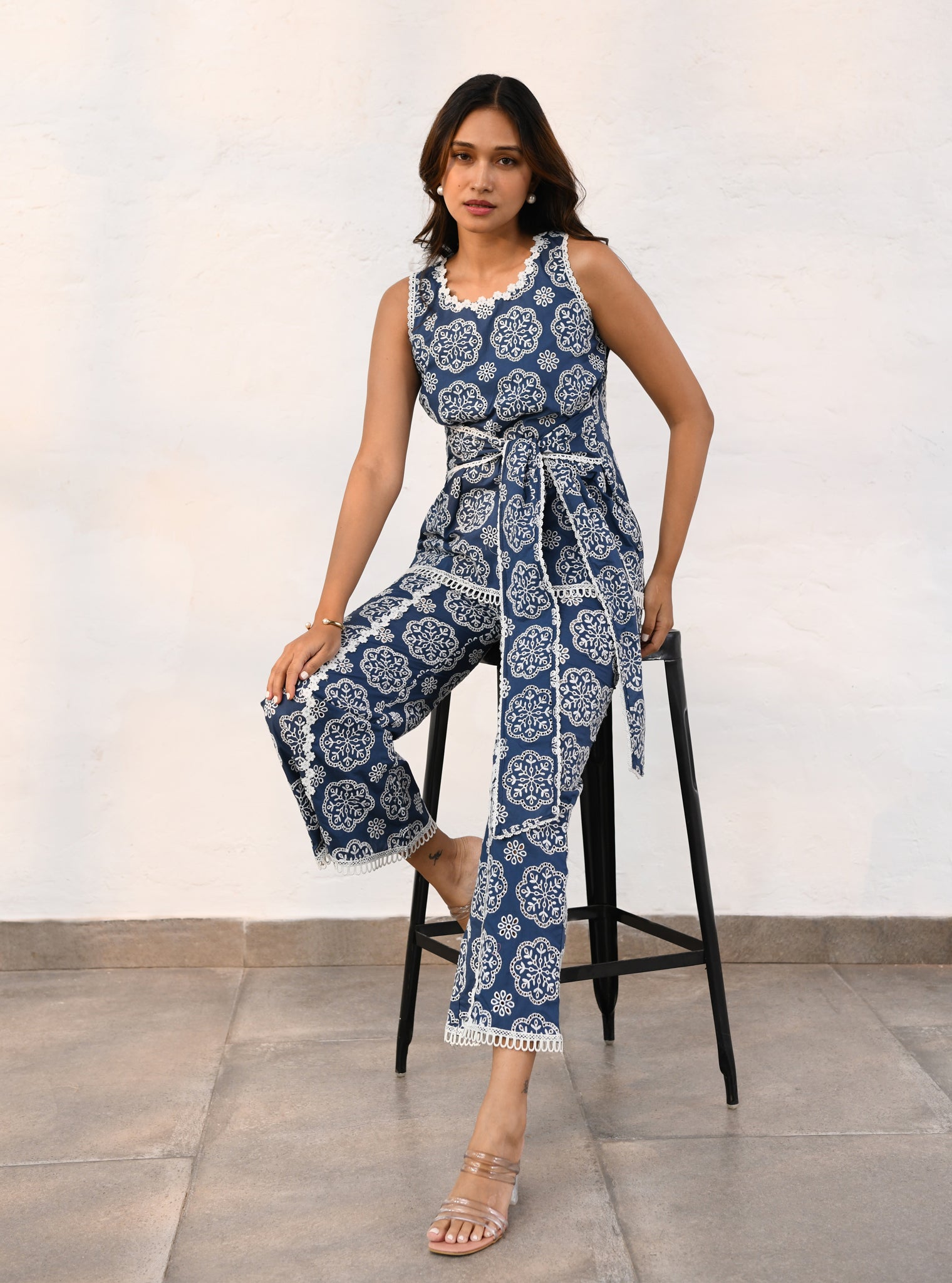 Mulmul Cotton Brighton Navy Top With Brighton Navy Pant